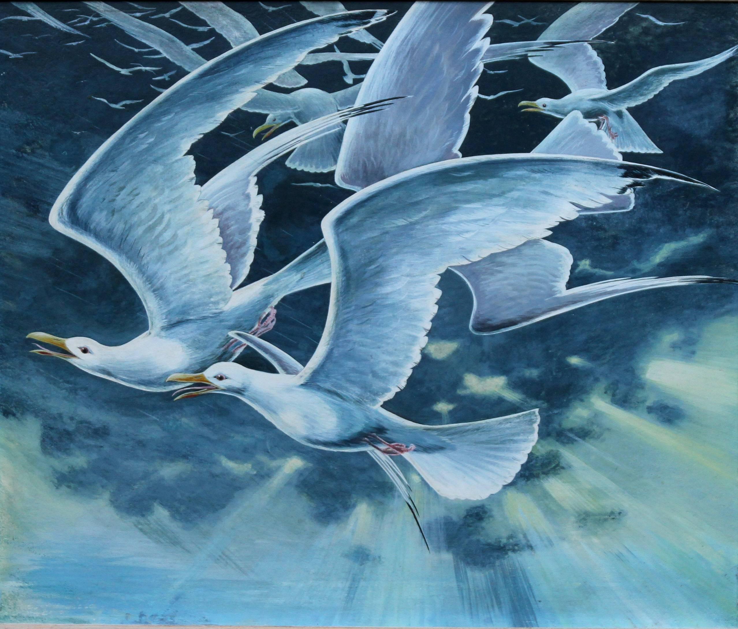 Flock of Seagulls - Peinture à l'huile surréaliste britannique des années 60 représentant des oiseaux en vol - Painting de Stuart Maxwell Armfield