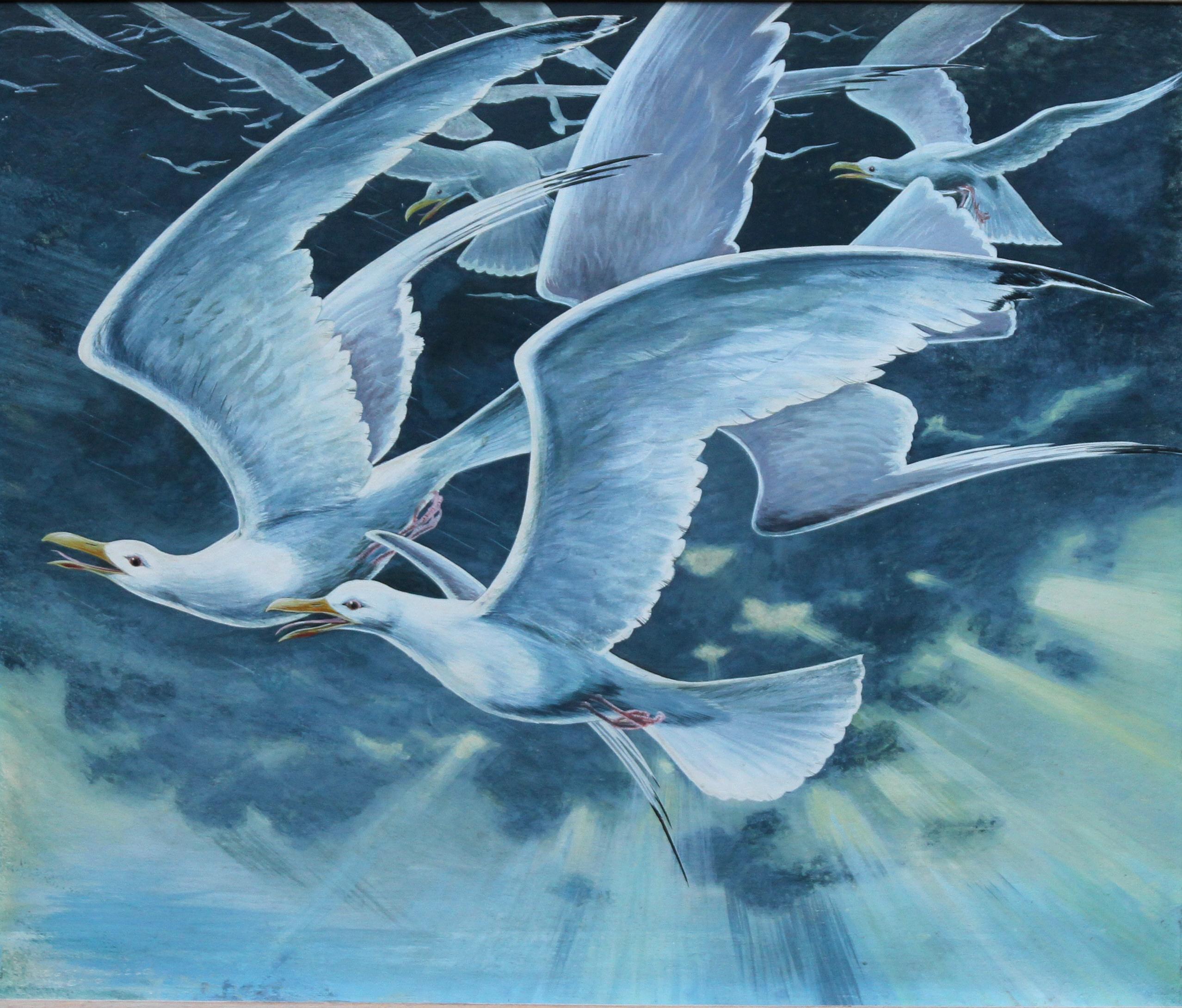 Bandada de gaviotas - Pintura al óleo surrealista británica de los años 60 sobre aves en vuelo - Painting Surrealista de Stuart Maxwell Armfield