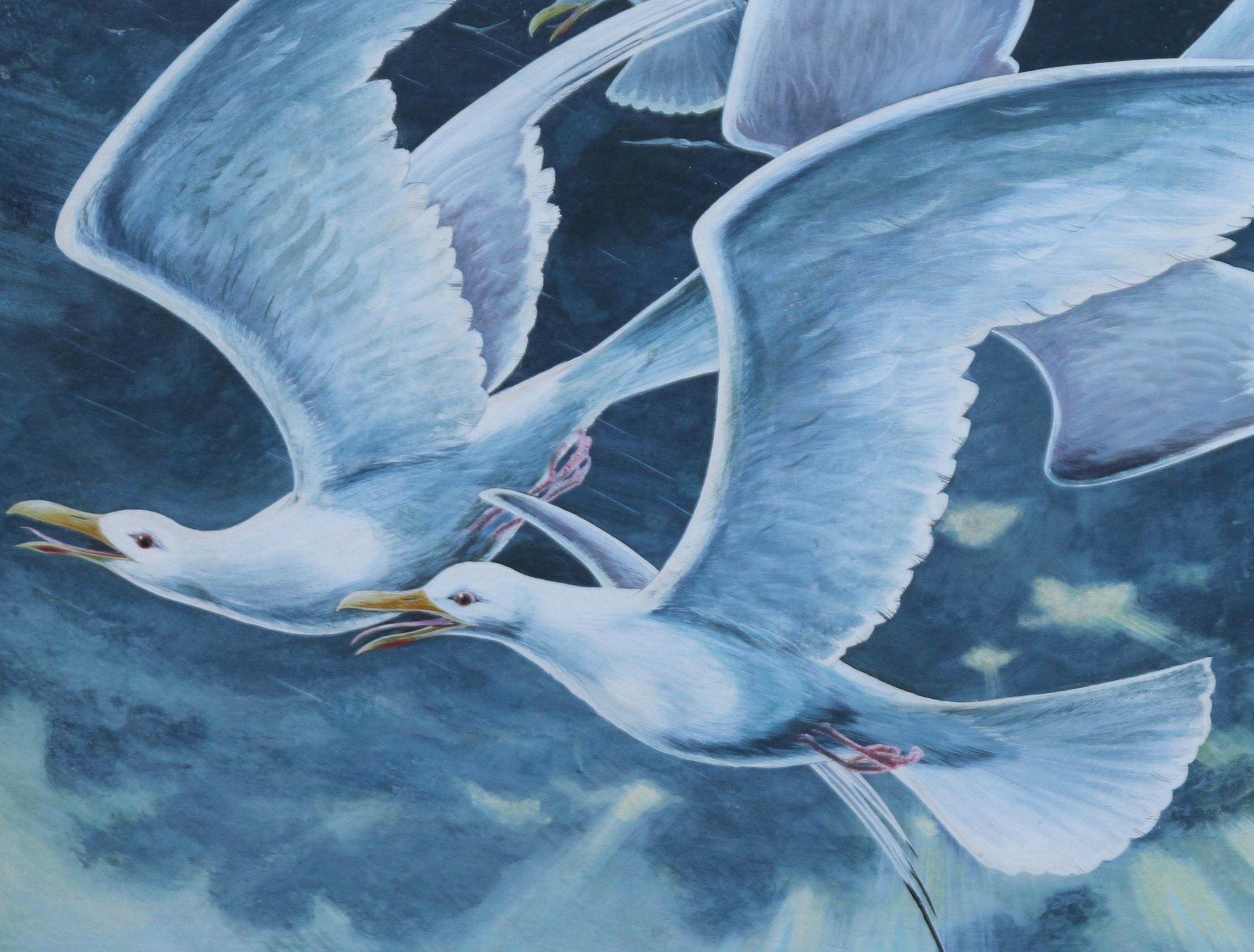 Flock of Seagulls - Peinture à l'huile surréaliste britannique des années 60 représentant des oiseaux en vol en vente 1