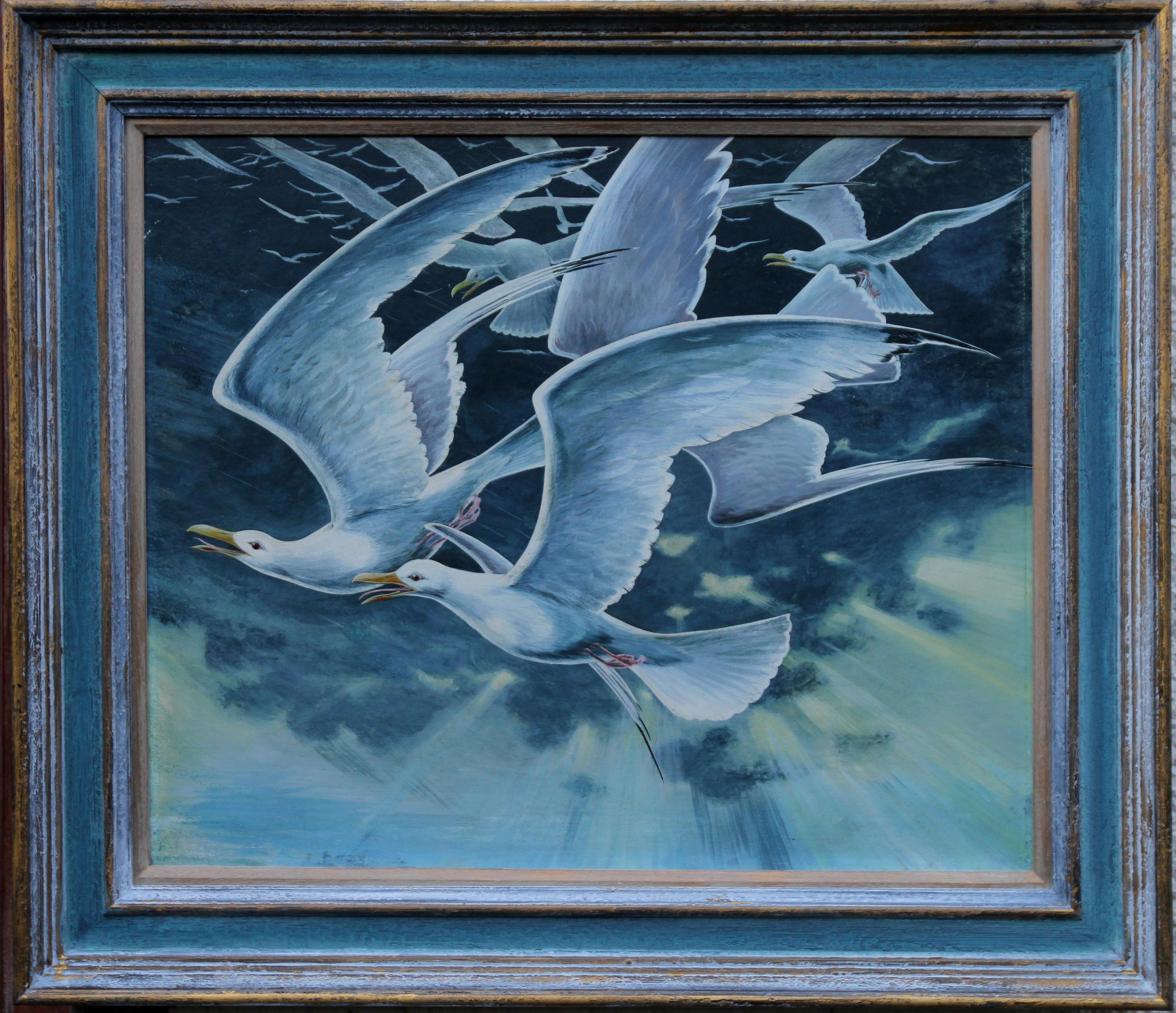 Flock of Seagulls - British 60's Surrealist art oil painting birds in flight For Sale 1