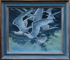 Flock of Seagulls - British 60's Surrealist art oil painting birds in flight