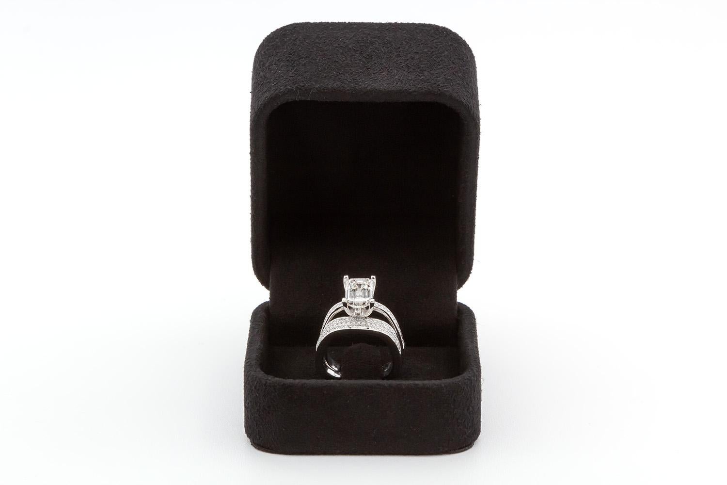 Stuart Moore GIA Certified Platinum & Emerald Cut Diamond Engagement Ring Set For Sale 14