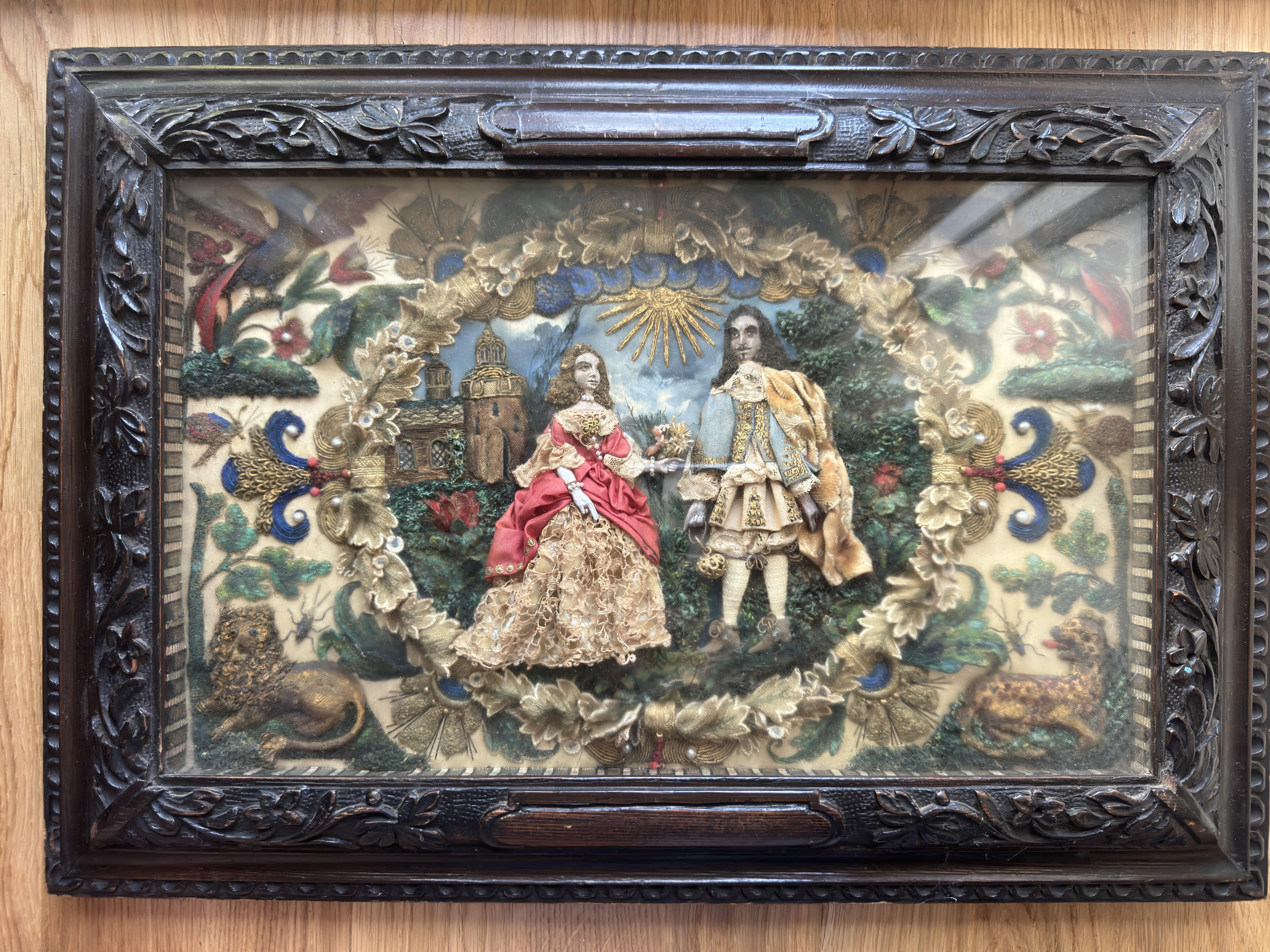 17th Century Stuart period Stumpwork panel - King Charles II and his favourite Lady For Sale