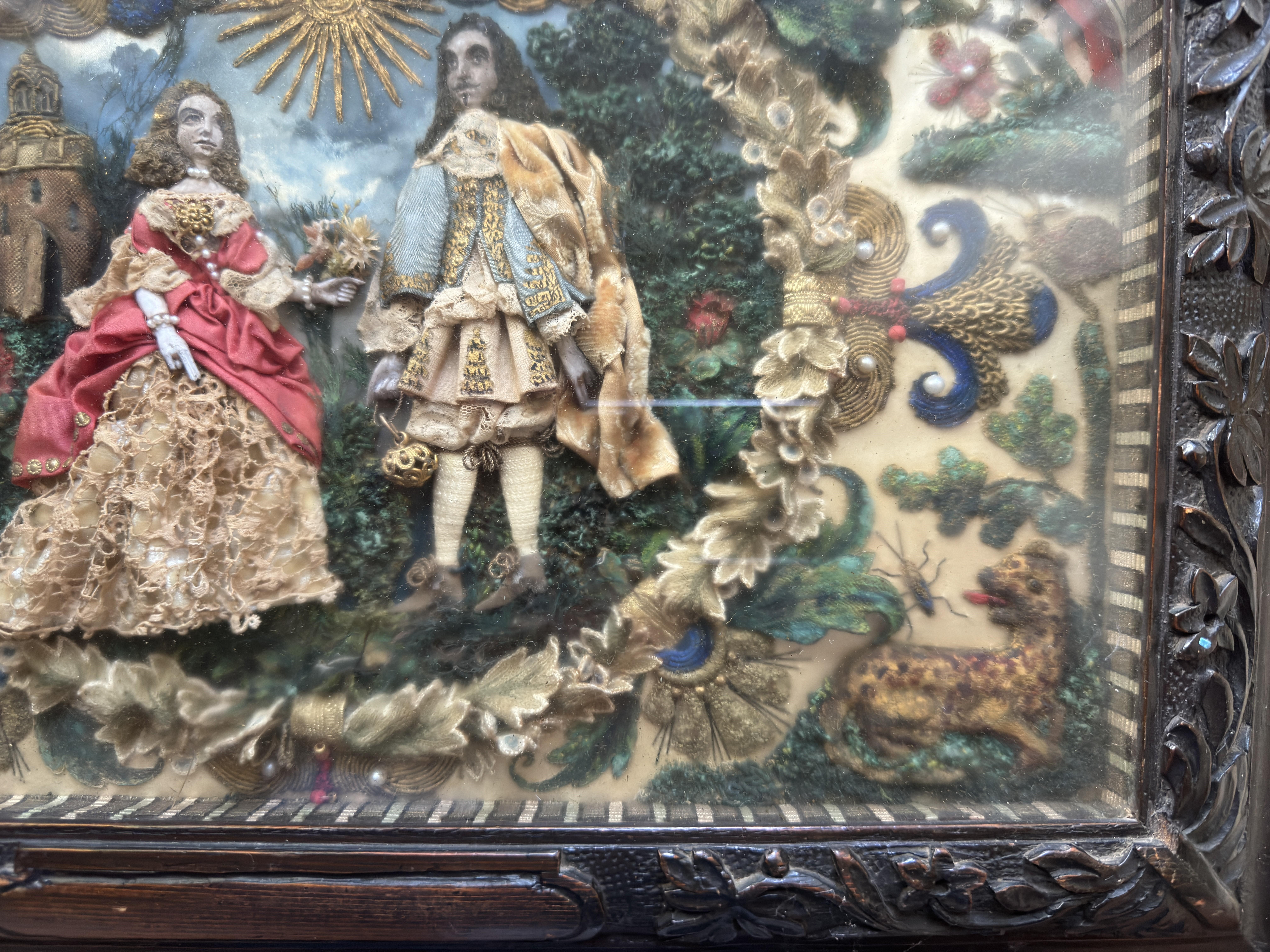 British Stuart period Stump work panel - King Charles II and his favourite Lady For Sale