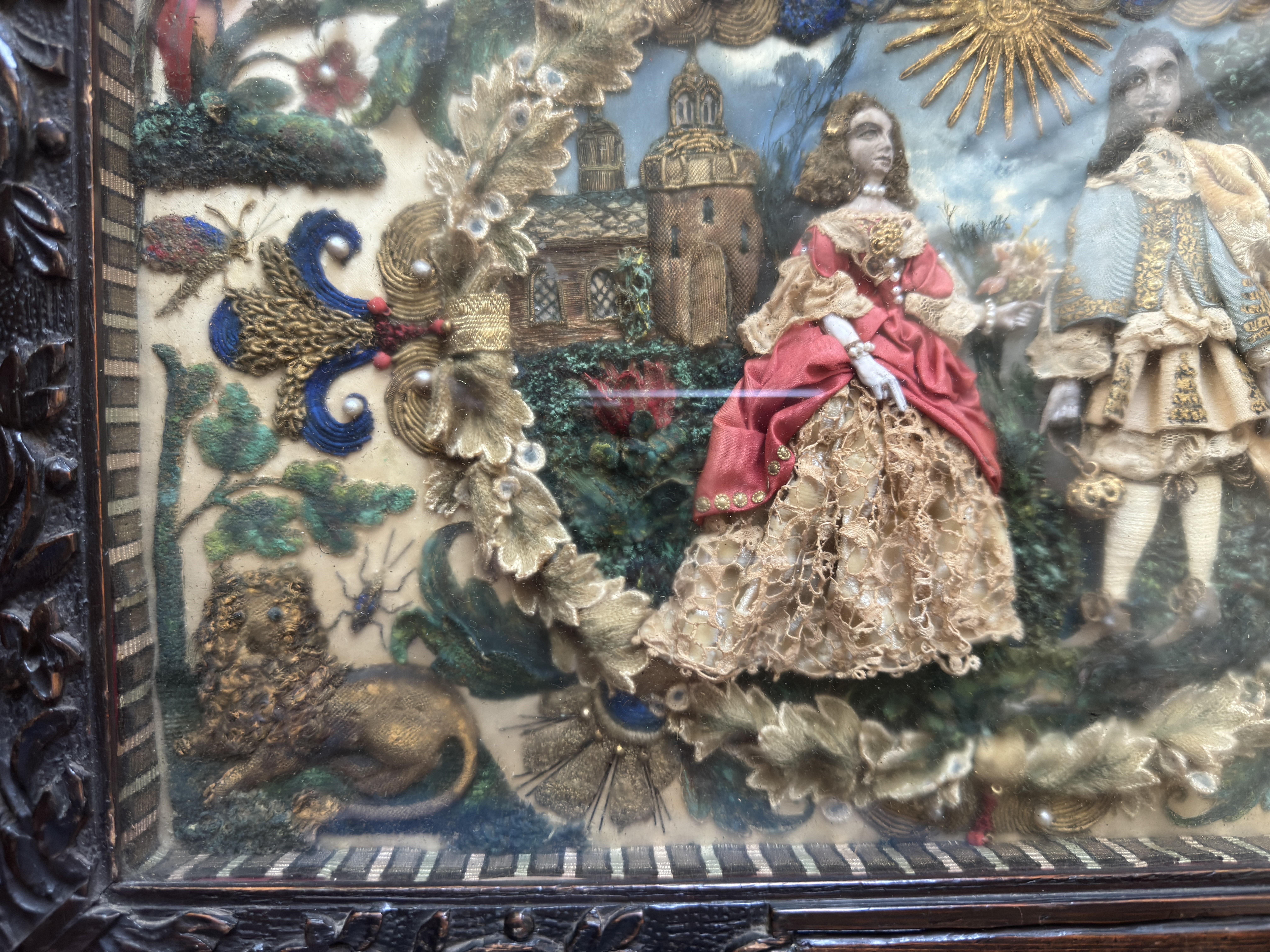 Hand-Crafted Stuart period Stumpwork panel - King Charles II and his favourite Lady For Sale