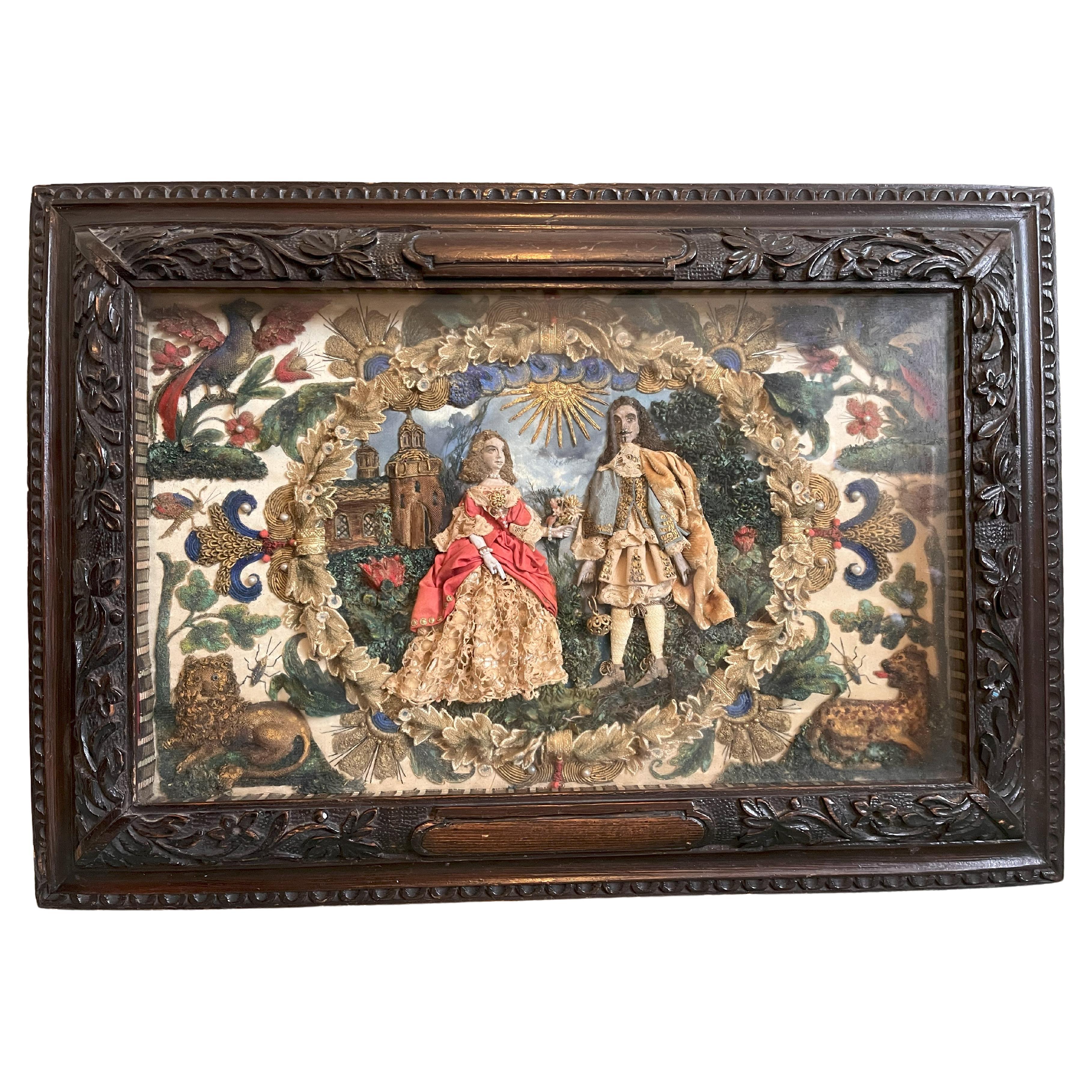 Ivory Stuart period Stump work panel - King Charles II and his favourite Lady For Sale