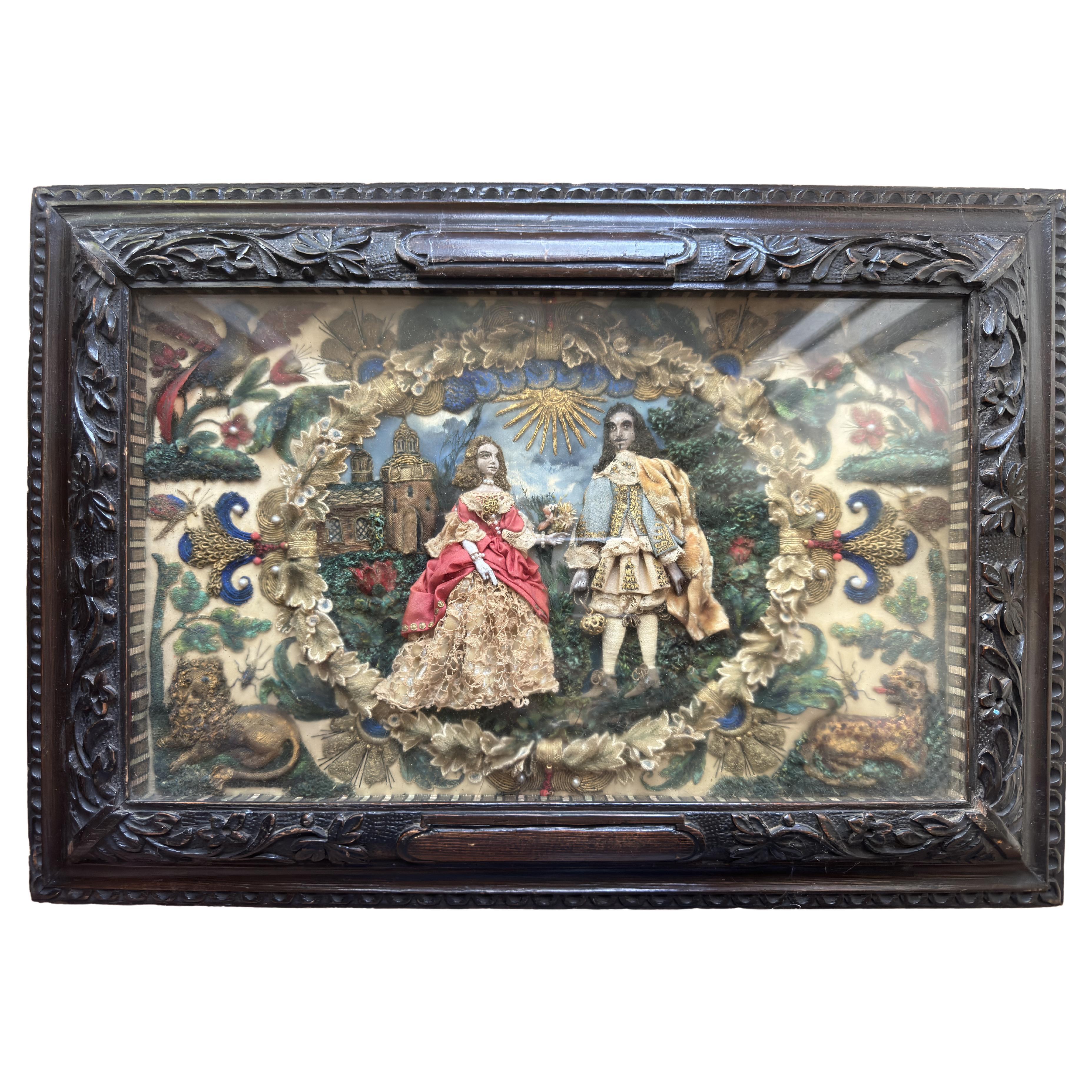 A very fine panel of 'King Charles II and his favourite Lady' in the gardens of a Church / Castle. The bright colours of the raised stumpwork embroidery, and fine detail of the faces, bring to life this antique textile picture. The back of the