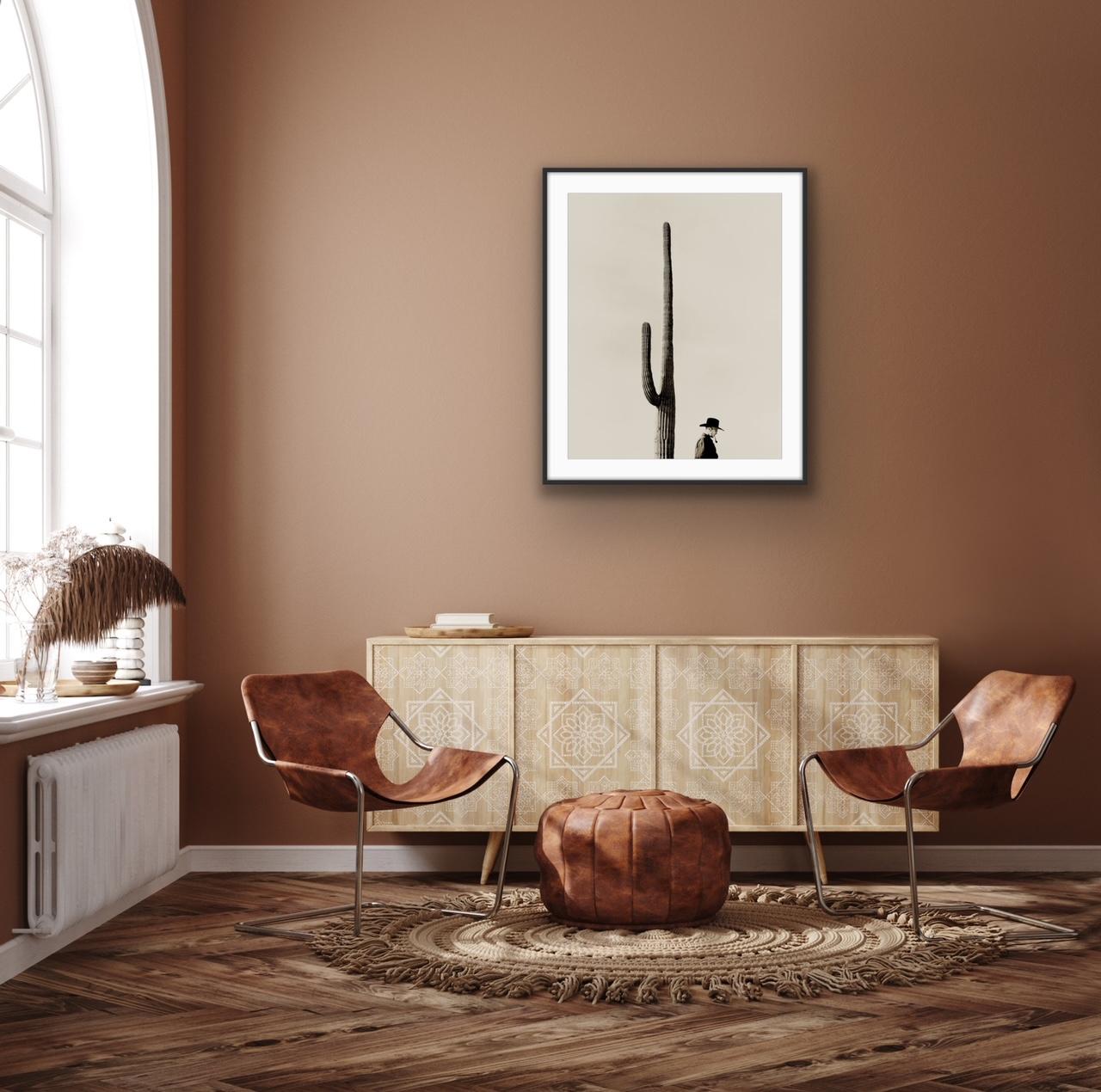 Cowboy by Stuart Redler.  Black and white photo of cowboy with a saguaro cactus For Sale 2
