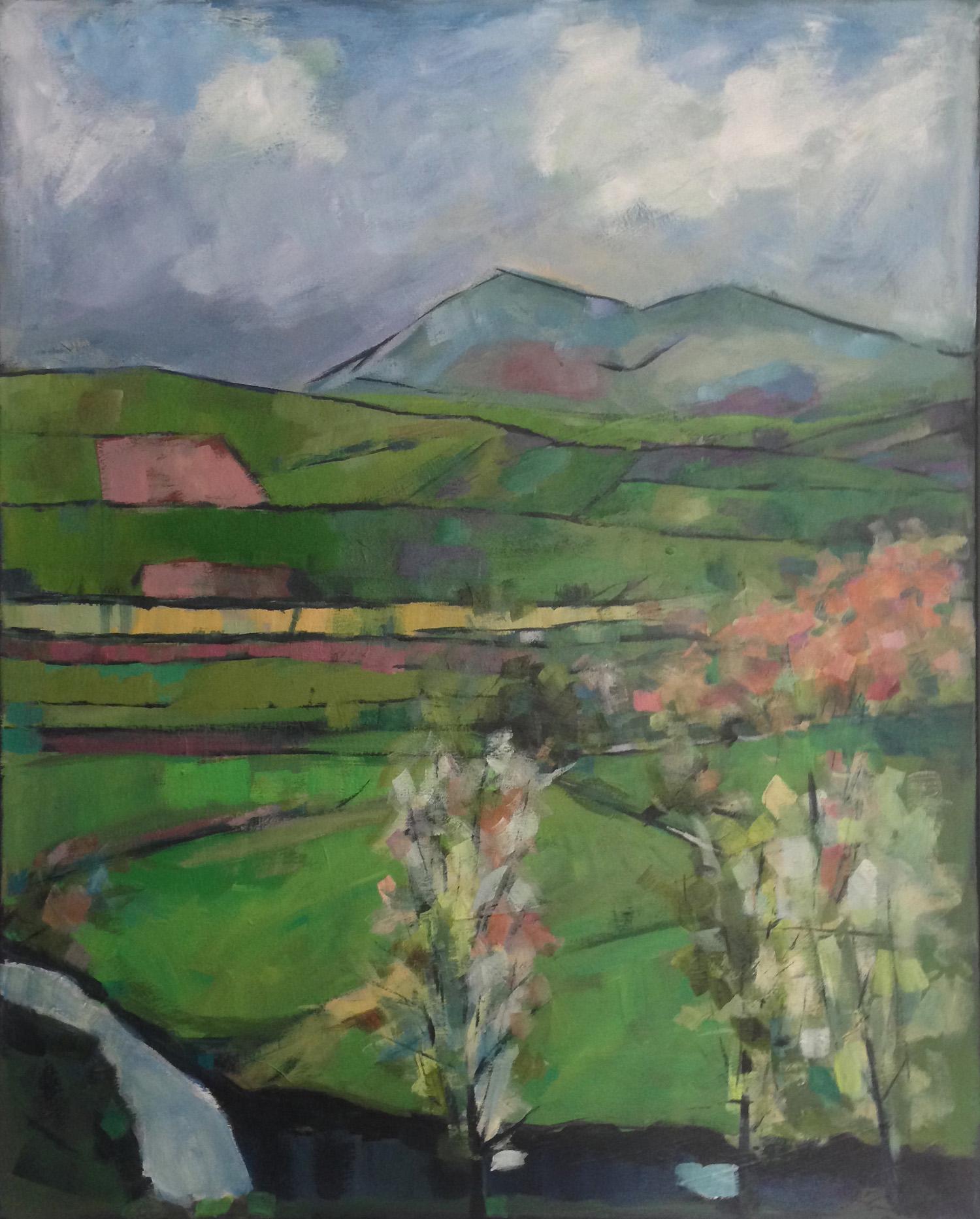 Stuart Roper Abstract Painting - Spring over Ffrwdwen brook, a mixed media landscape painting