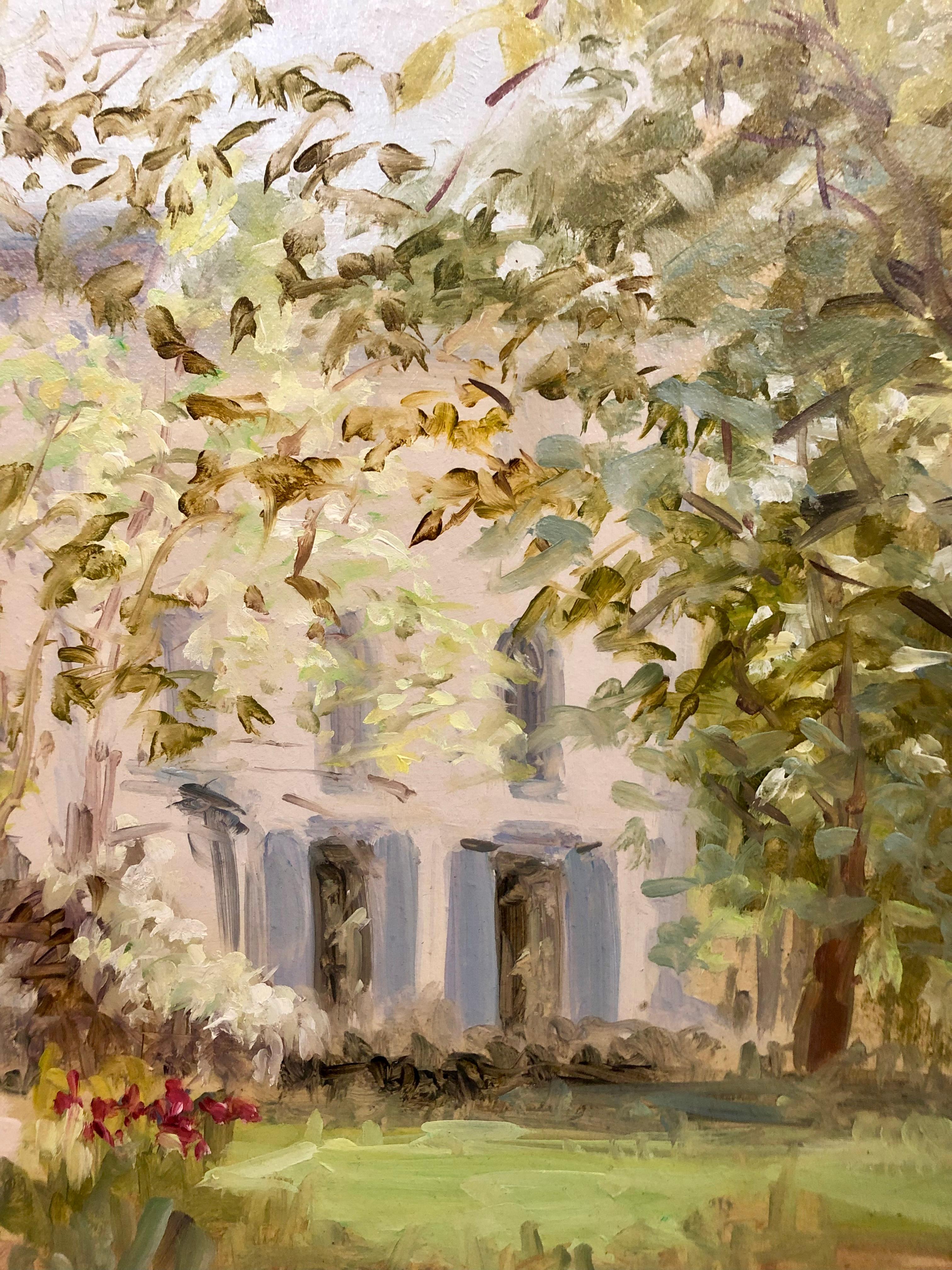 Paisaje al aire libre de estilo impresionista con árboles y edificios, pintado por Stuart Shils. Óleo sobre papel montado sobre tabla de trapo. 

Tamaño de la imagen: 16,75 x 13 pulgadas. Tamaño del marco: 23 x 19,5 x 2 pulgadas.

Stuart Shils es un