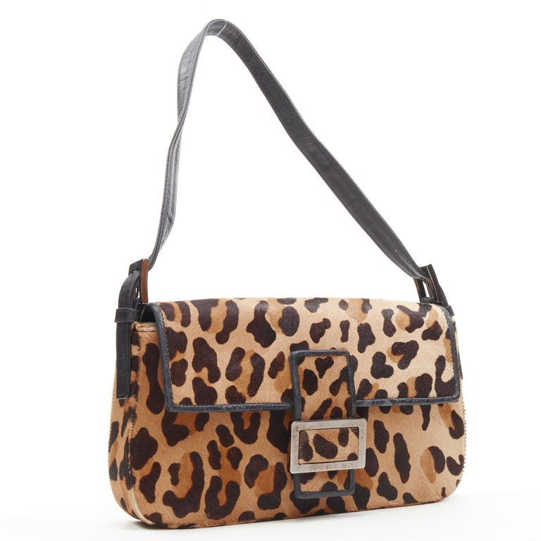 STUART WEITZMAN Baguette brown leopard print pony hair silver shoulder