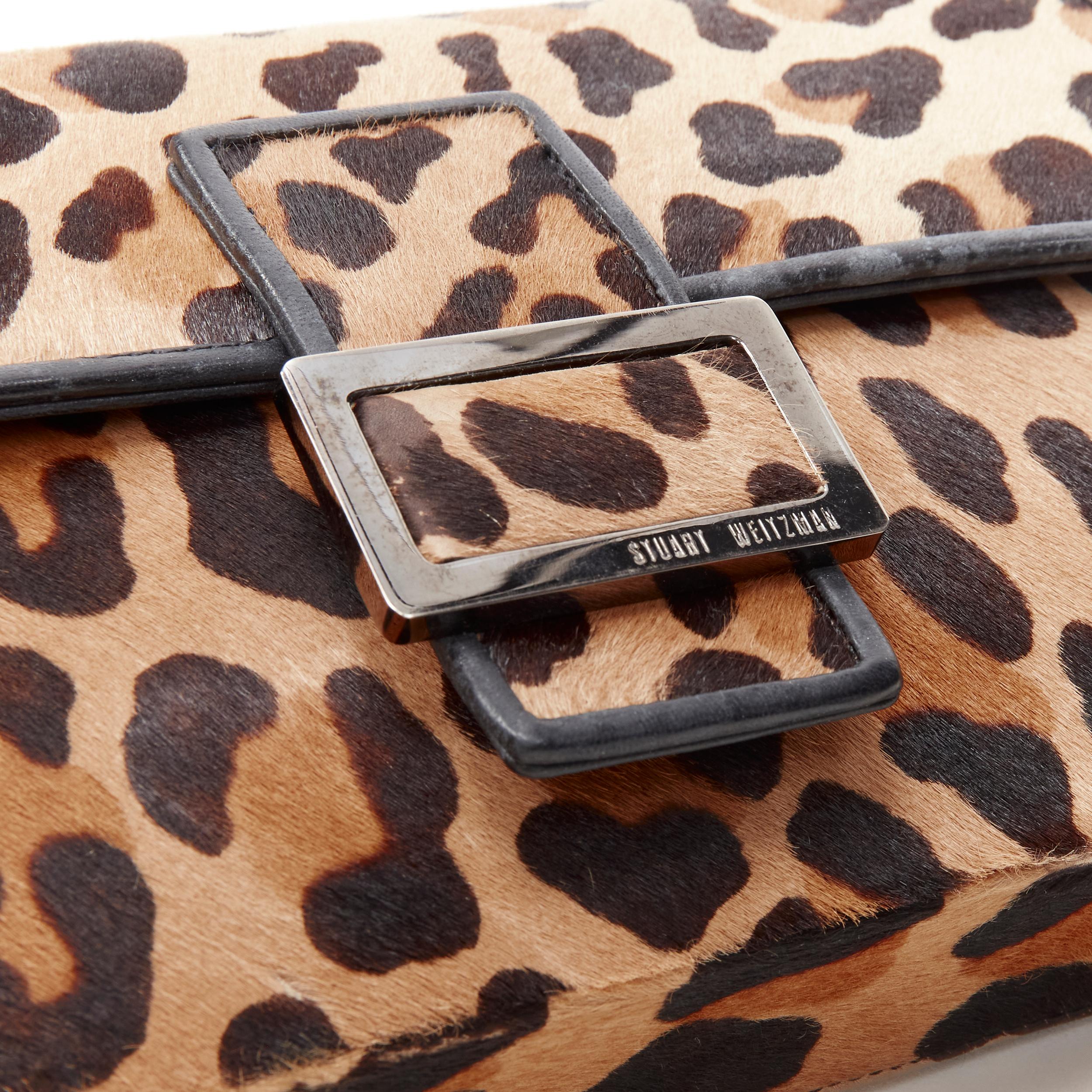 STUART WEITZMAN Baguette brown leopard print pony hair silver shoulder bag 2