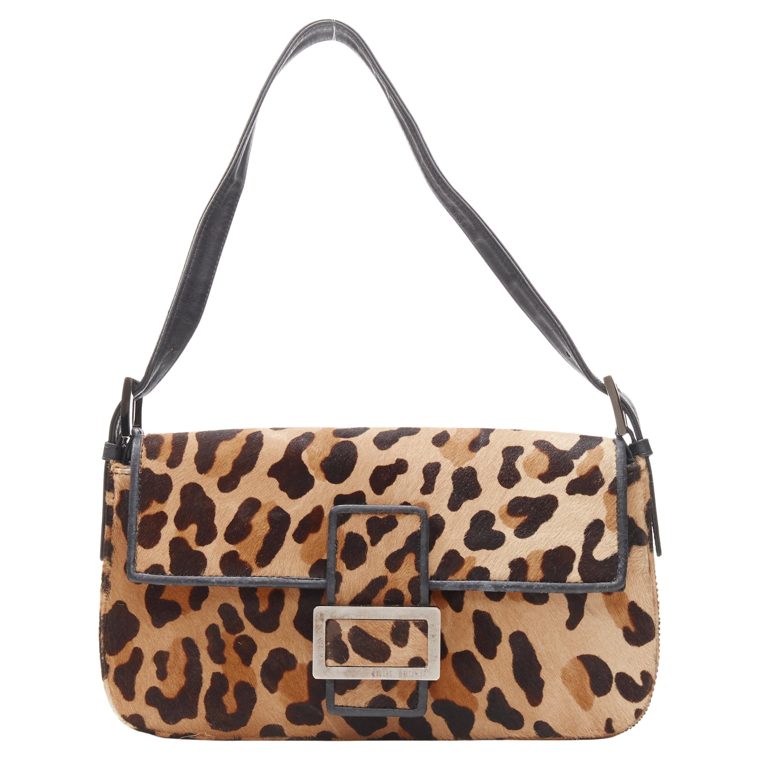 STUART WEITZMAN Baguette brown leopard print pony hair silver shoulder bag  For Sale at 1stDibs