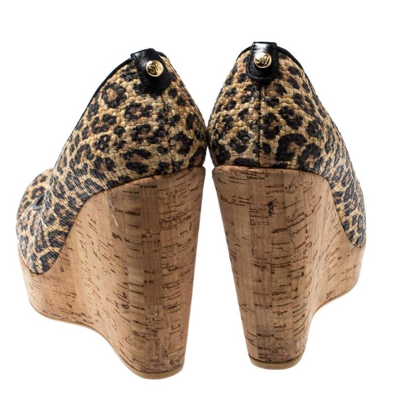 Brown Stuart Weitzman Beige/Black Leopard Print Raffia Platform Wedge Pumps Size 38.5