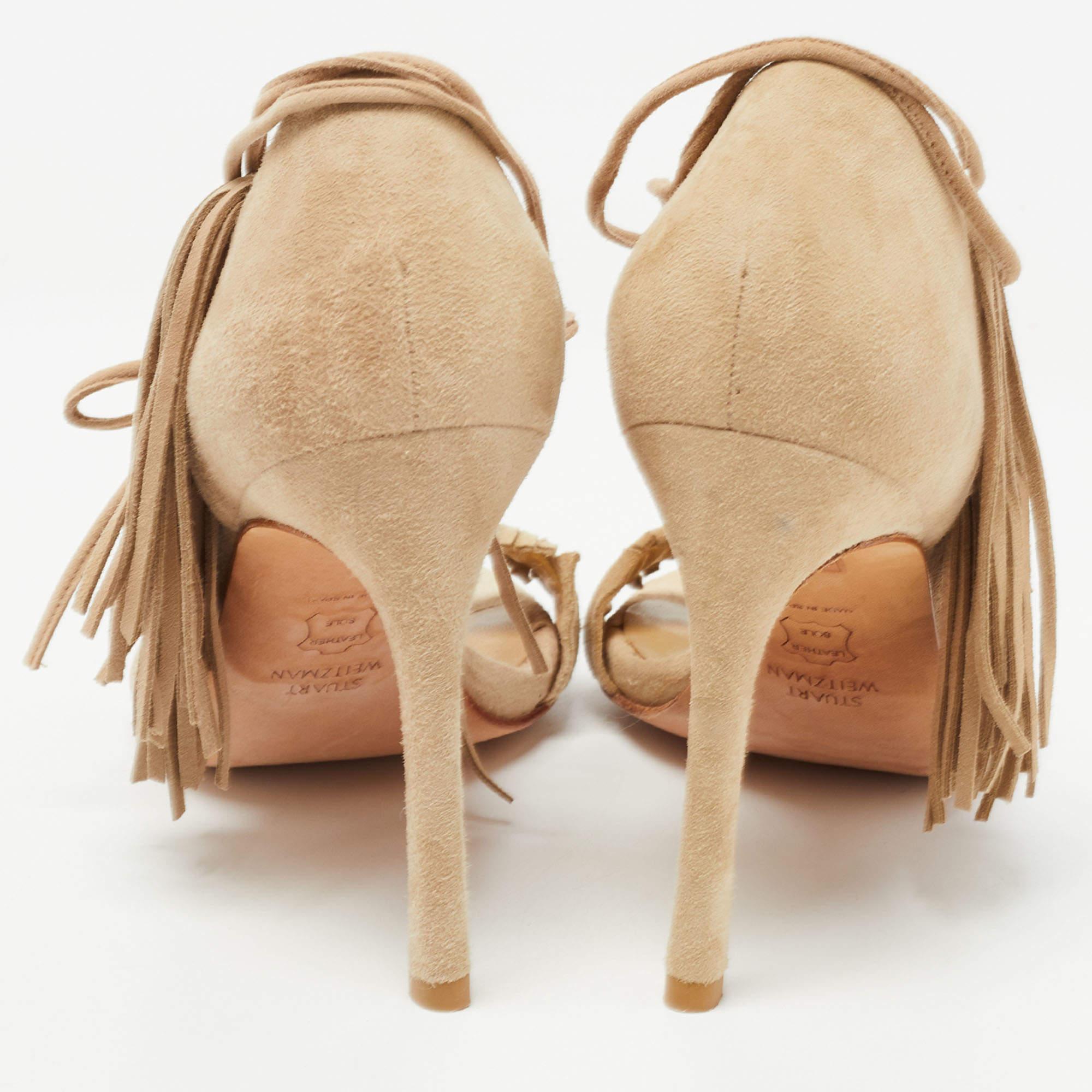 De las mujeres Stuart Weitzman Sandalias tobilleras con flecos de ante beige talla 36 en venta