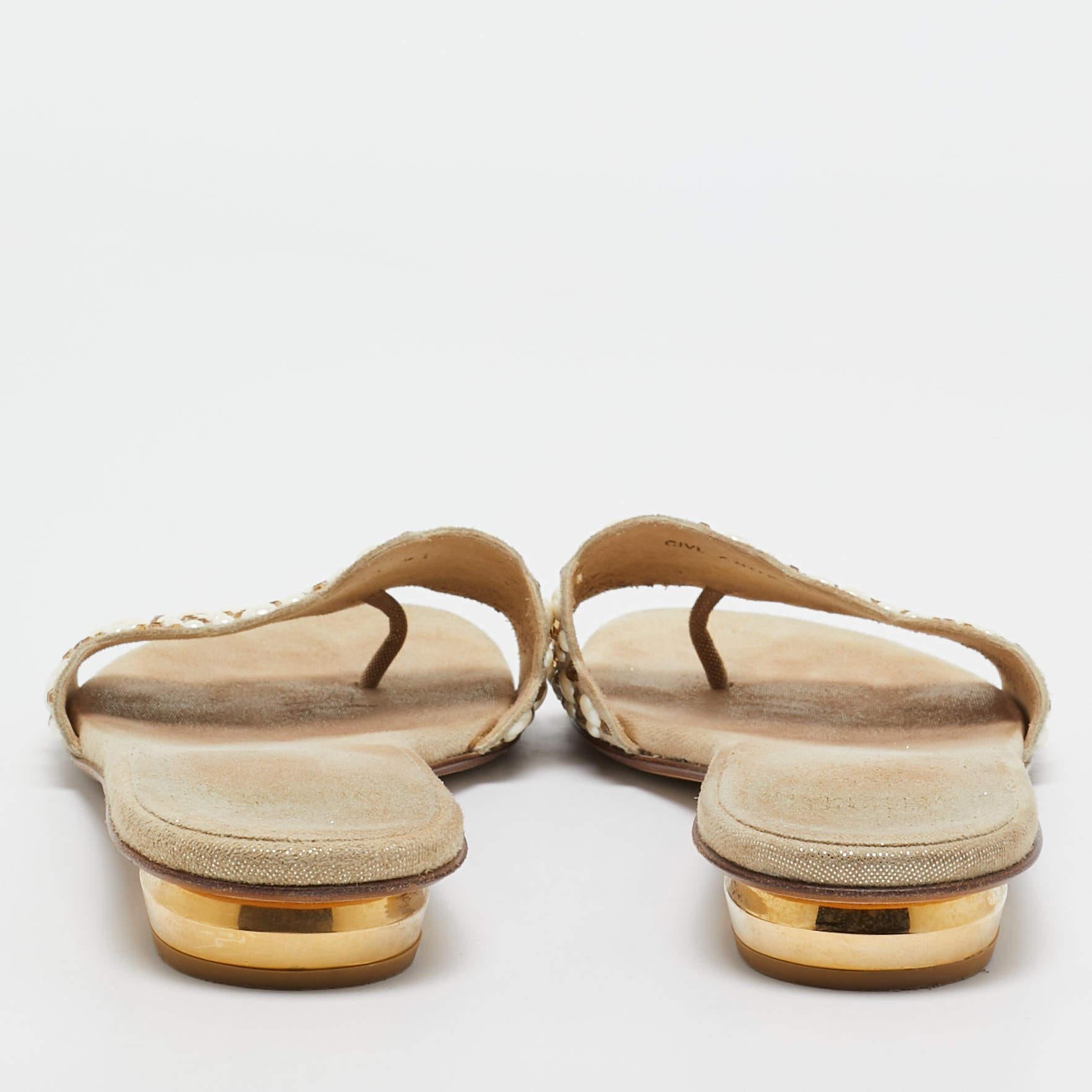 Stuart Weitzman Beige Textured Suede Studded Thong Slides Size 41 For Sale 1