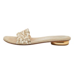 Stuart Weitzman Beige Textured Suede Studded Thong Slides Size 41