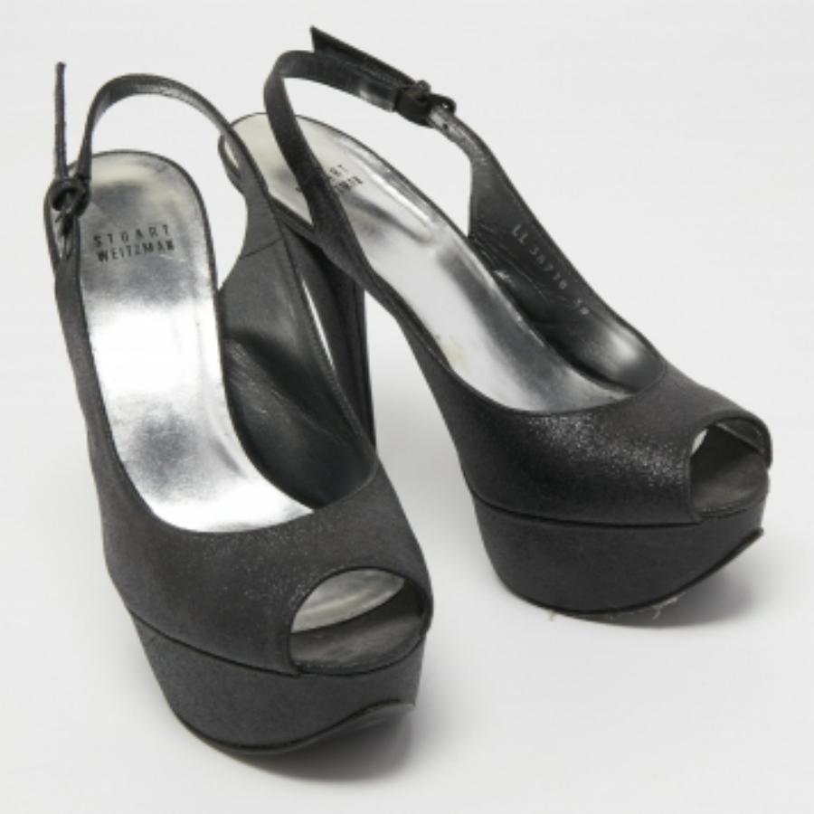 De las mujeres Stuart Weitzman Black Glitter and Leather Peep Toe Slingback Pumps Talla 39 en venta