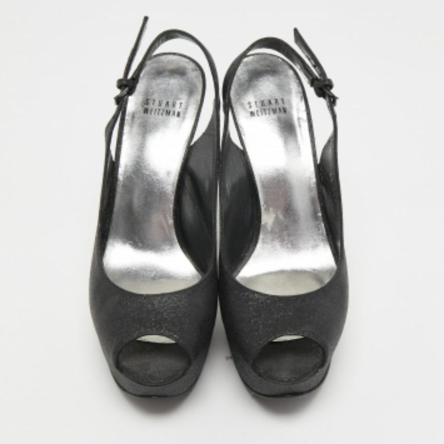Stuart Weitzman Black Glitter and Leather Peep Toe Slingback Pumps Talla 39 en venta 3