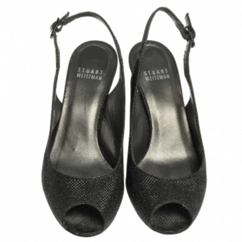 Stuart Weitzman Black Glitter Fabric Slingback Wedge Sandals Size 36 For Sale 2