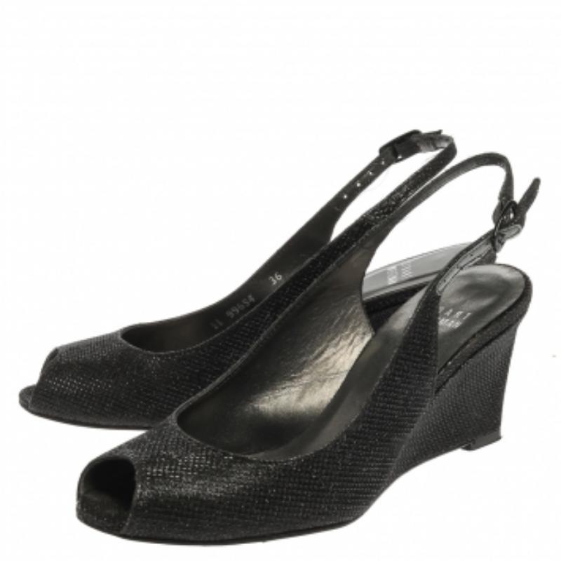 Stuart Weitzman Black Glitter Fabric Slingback Wedge Sandals Size 36 For Sale 3