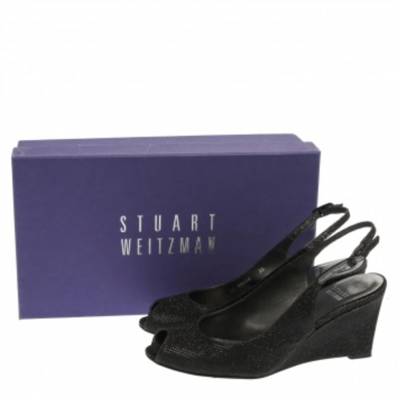 Stuart Weitzman Black Glitter Fabric Slingback Wedge Sandals Size 36 For Sale 4