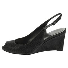 Stuart Weitzman Black Glitter Fabric Slingback Wedge Sandals Size 36
