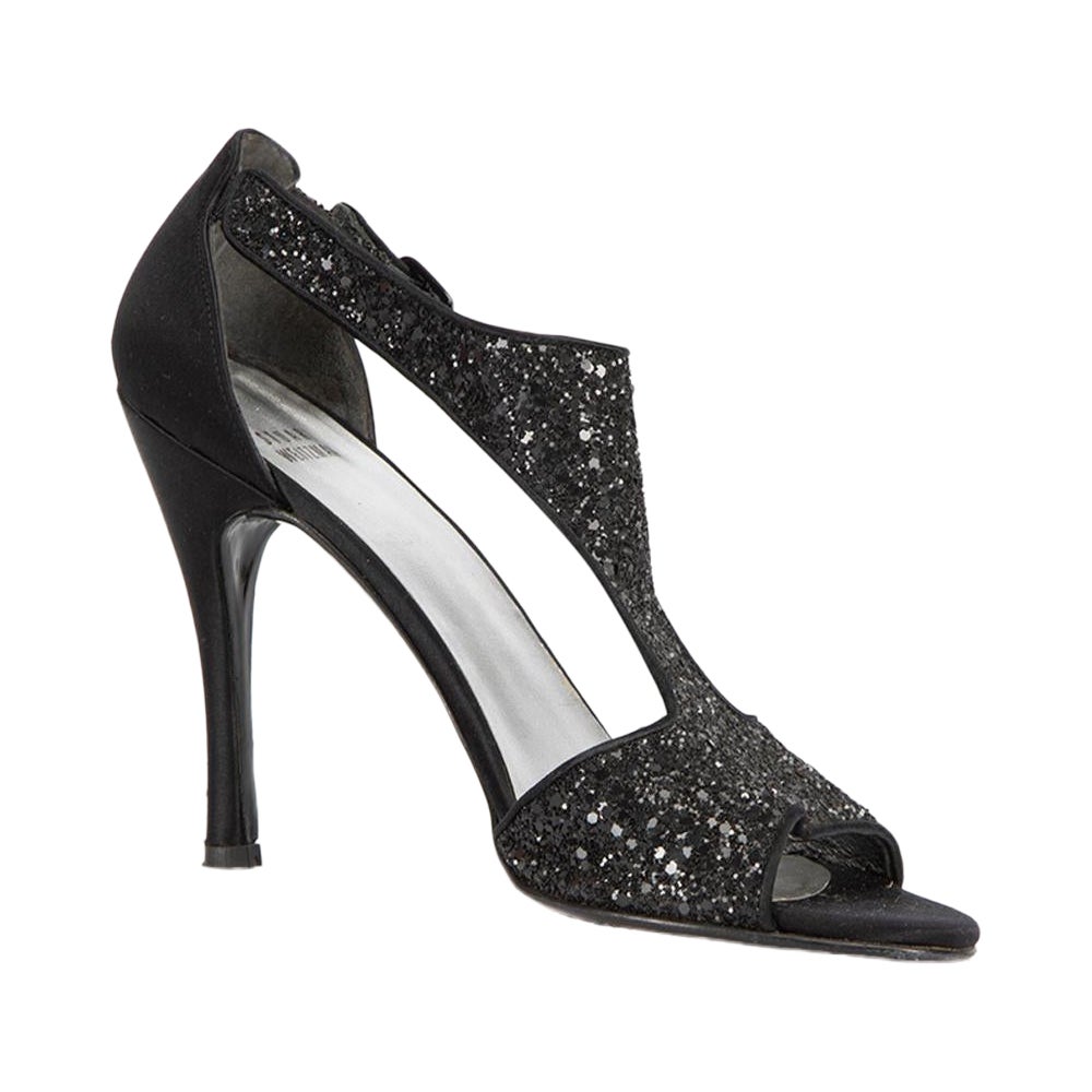 Stuart Weitzman Black Glitter T Bar Sandals Size IT 40