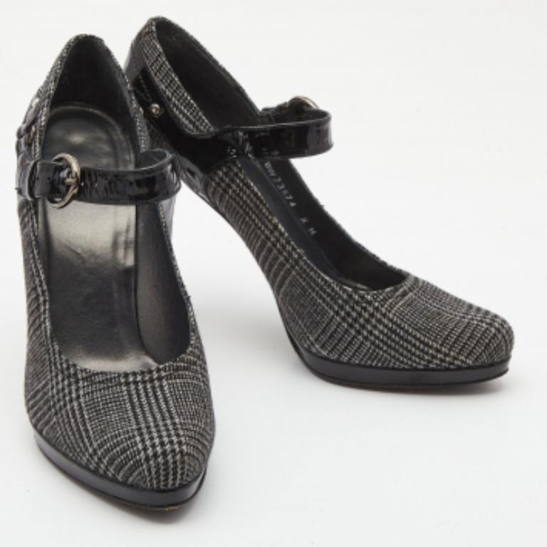 Stuart Weitzman - Escarpins Marianne en cuir verni et laine écossaise noir/gris - Taille 38 Pour femmes en vente