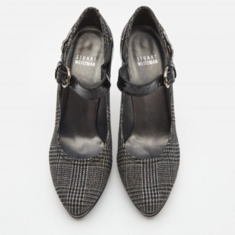 Stuart Weitzman - Escarpins Marianne en cuir verni et laine écossaise noir/gris - Taille 38 en vente 1