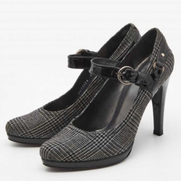 Stuart Weitzman - Escarpins Marianne en cuir verni et laine écossaise noir/gris - Taille 38 en vente 2
