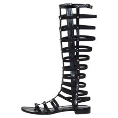 Stuart Weitzman Black Leather and Elastic Gladiator Flat Sandals Size 37.5