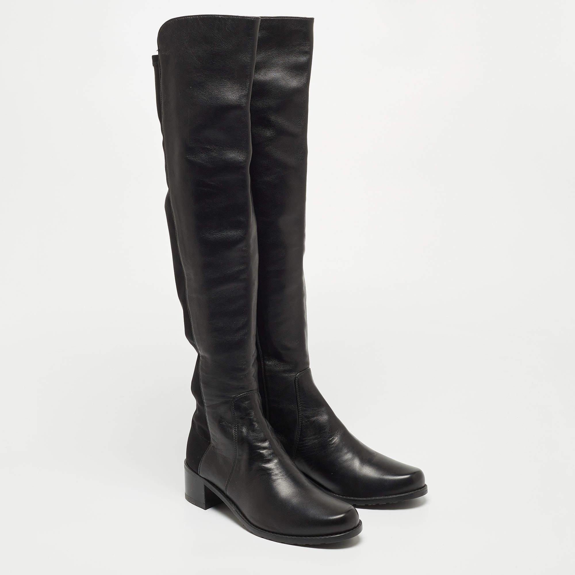 Women's Stuart Weitzman Black Leather and Fabric Thigh High Boot Size 35
