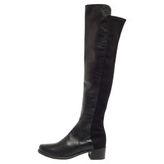 Used Stuart Weitzman Black Leather and Fabric Thigh High Boot Size 35