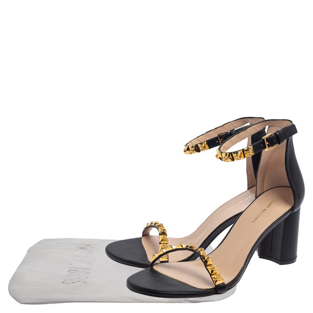 Women's Stuart Weitzman Black Leather Embellished Ankle Strap Sandals Size 39.5