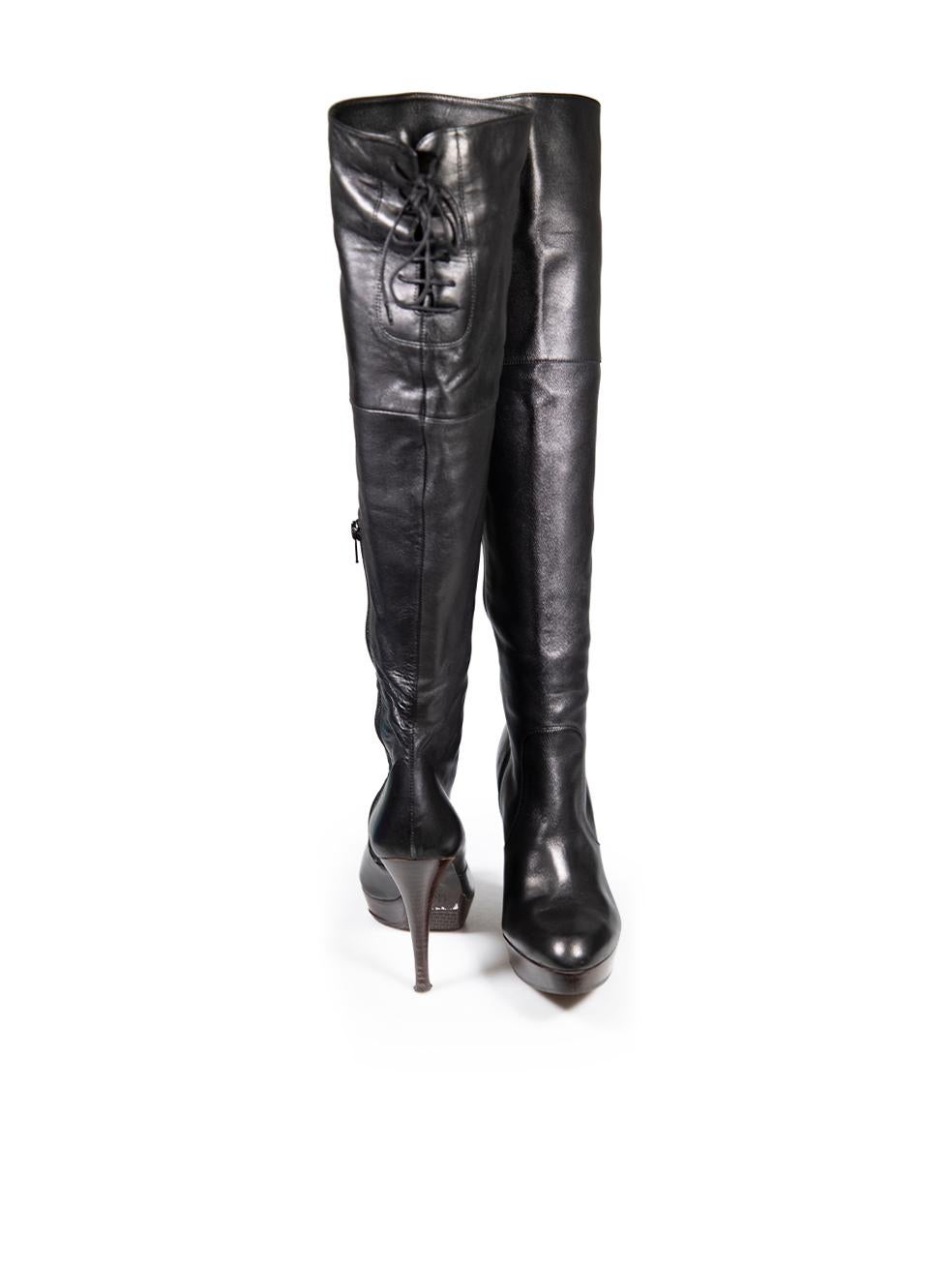Stuart Weitzman Black Leather Laced Knee High Boots Size IT 37 In Good Condition For Sale In London, GB