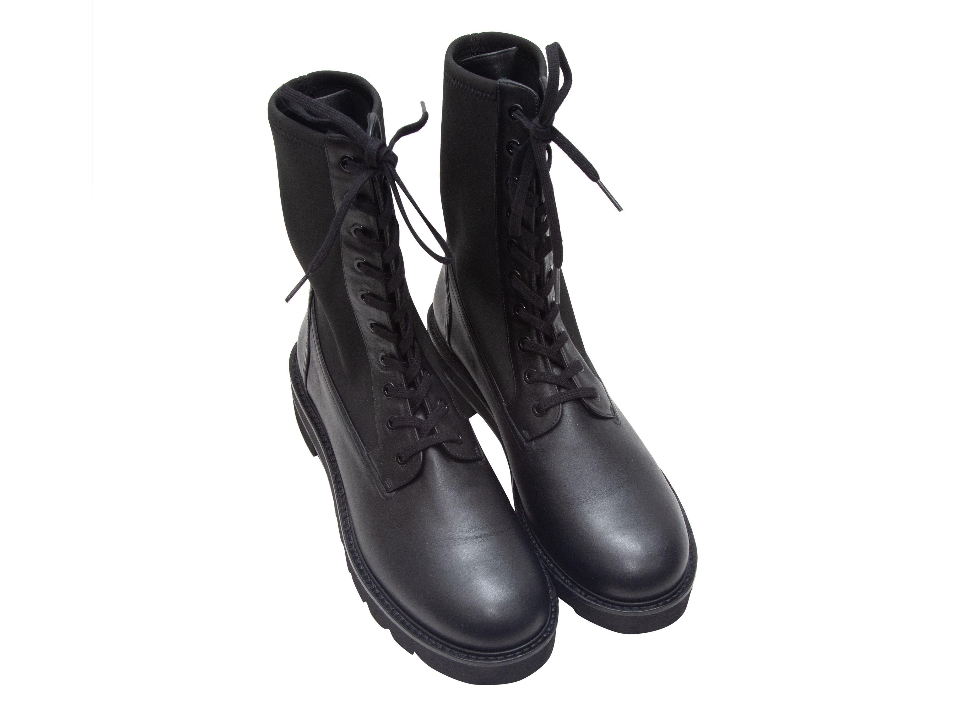 Stuart Weitzman Black Leather & Stretch Fabric Combat Boots In Good Condition In New York, NY