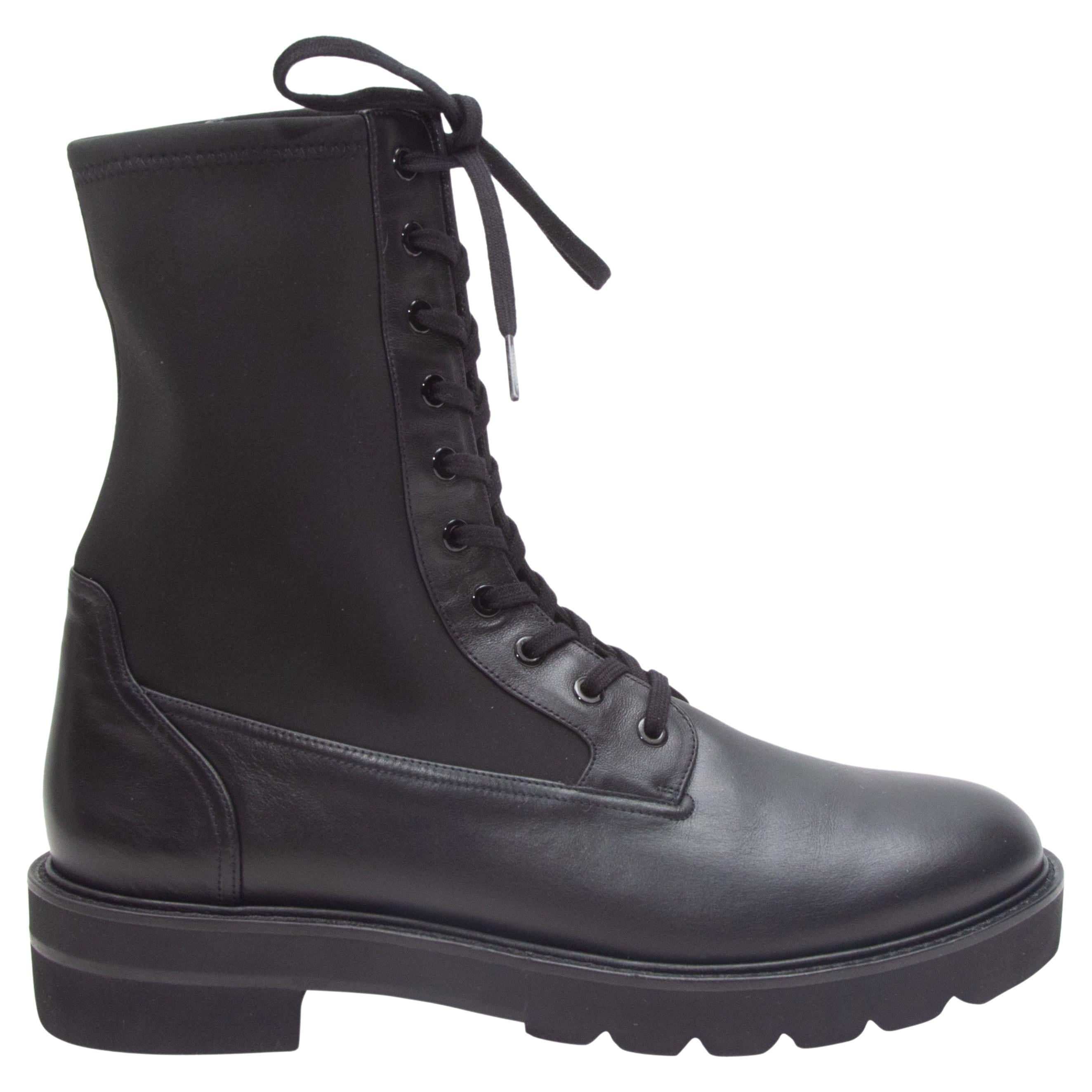 Stuart Weitzman Black Leather & Stretch Fabric Combat Boots