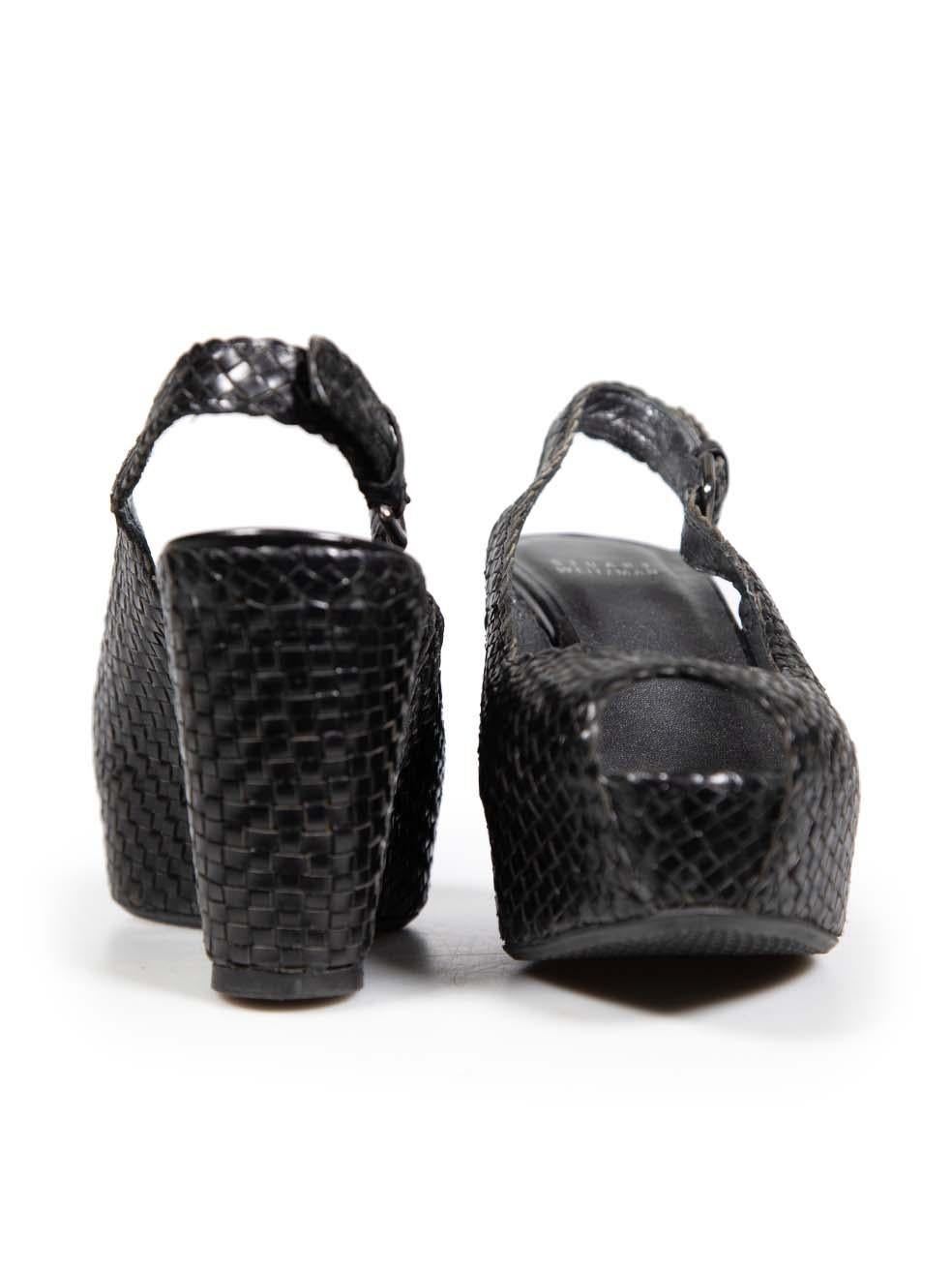 Stuart Weitzman Black Leather Woven Wedge Sandals Size IT 37.5 In Good Condition For Sale In London, GB