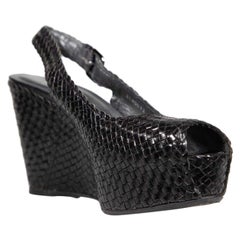Stuart Weitzman Black Leather Woven Wedge Sandals Size IT 37.5