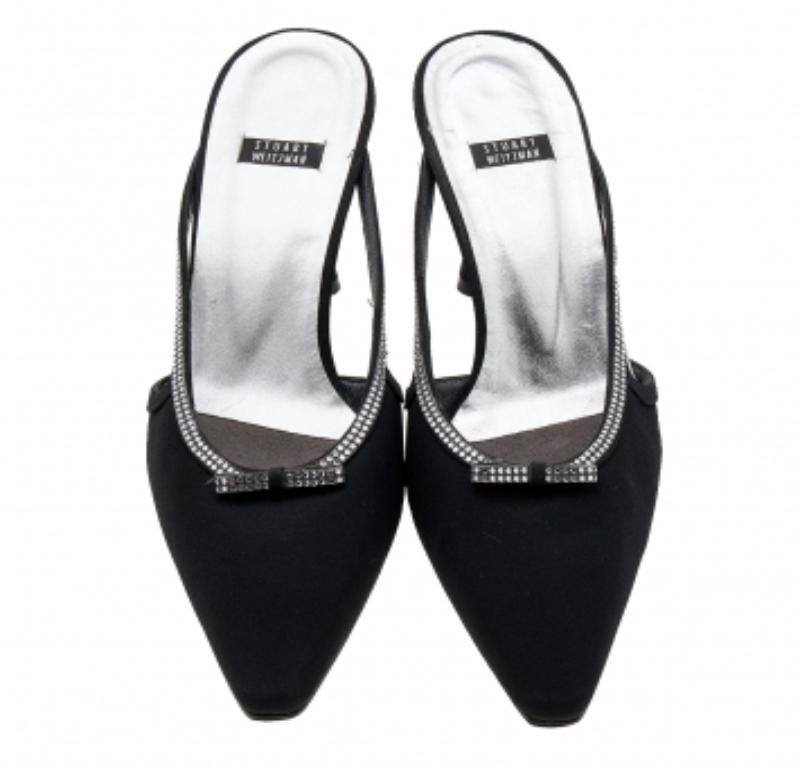 Stuart Weitzman Black Nylon Crystal Embellished Mules Size 40 In Good Condition For Sale In Dubai, Al Qouz 2