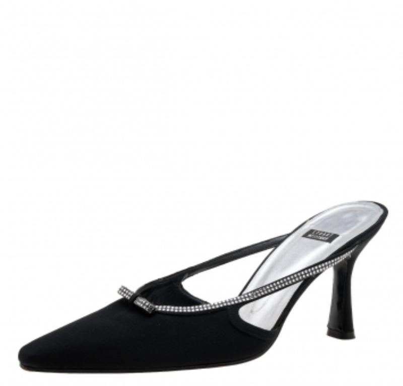Women's Stuart Weitzman Black Nylon Crystal Embellished Mules Size 40 For Sale