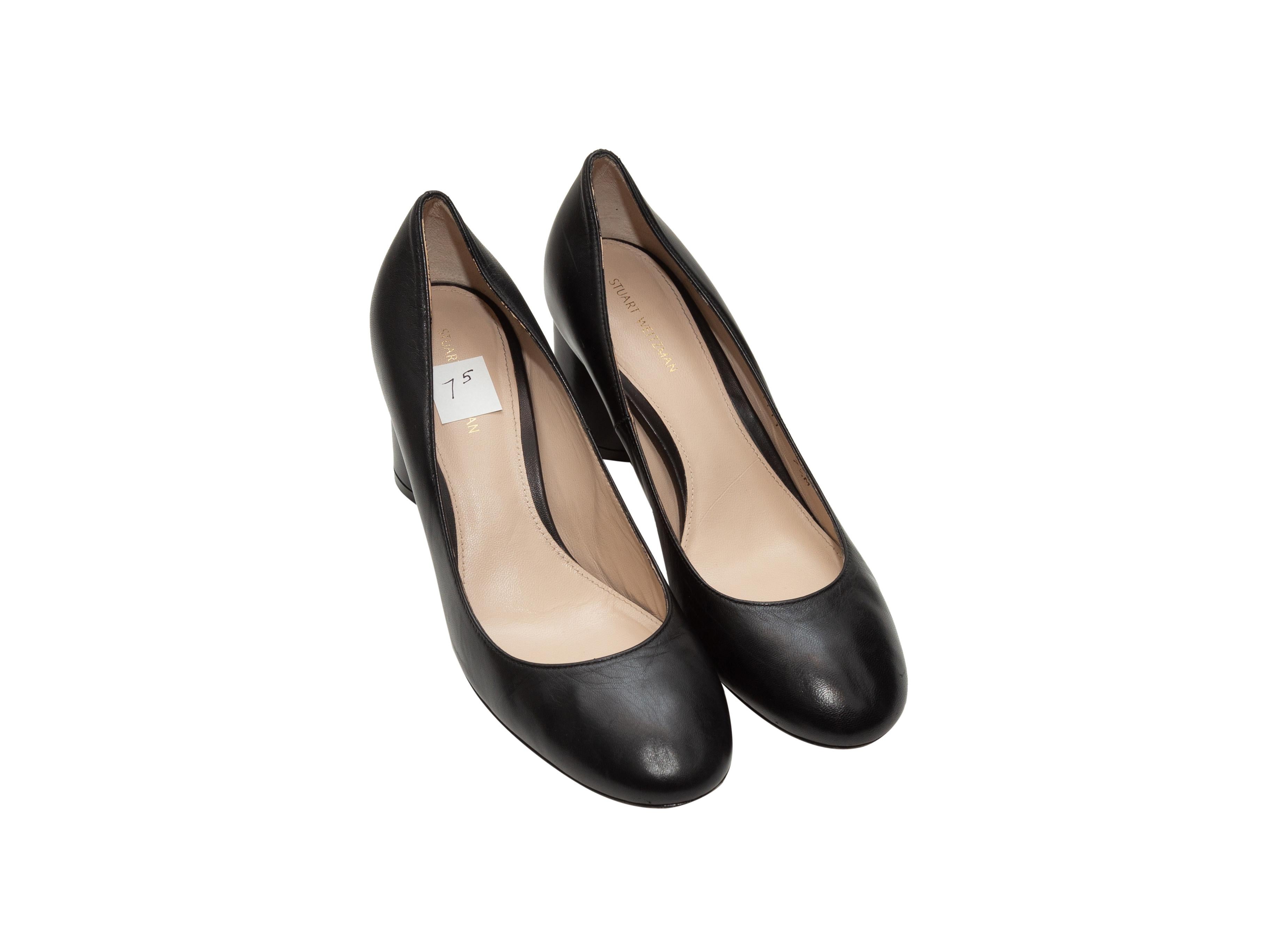 Product details: Black leather round-toe pumps by Stuart Weitzman. Block heels. Designer size 37.5. 2.75