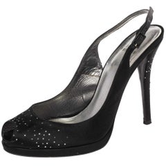 Stuart Weitzman Black Satin Peep Toe Slingback Sandals Size 39.5