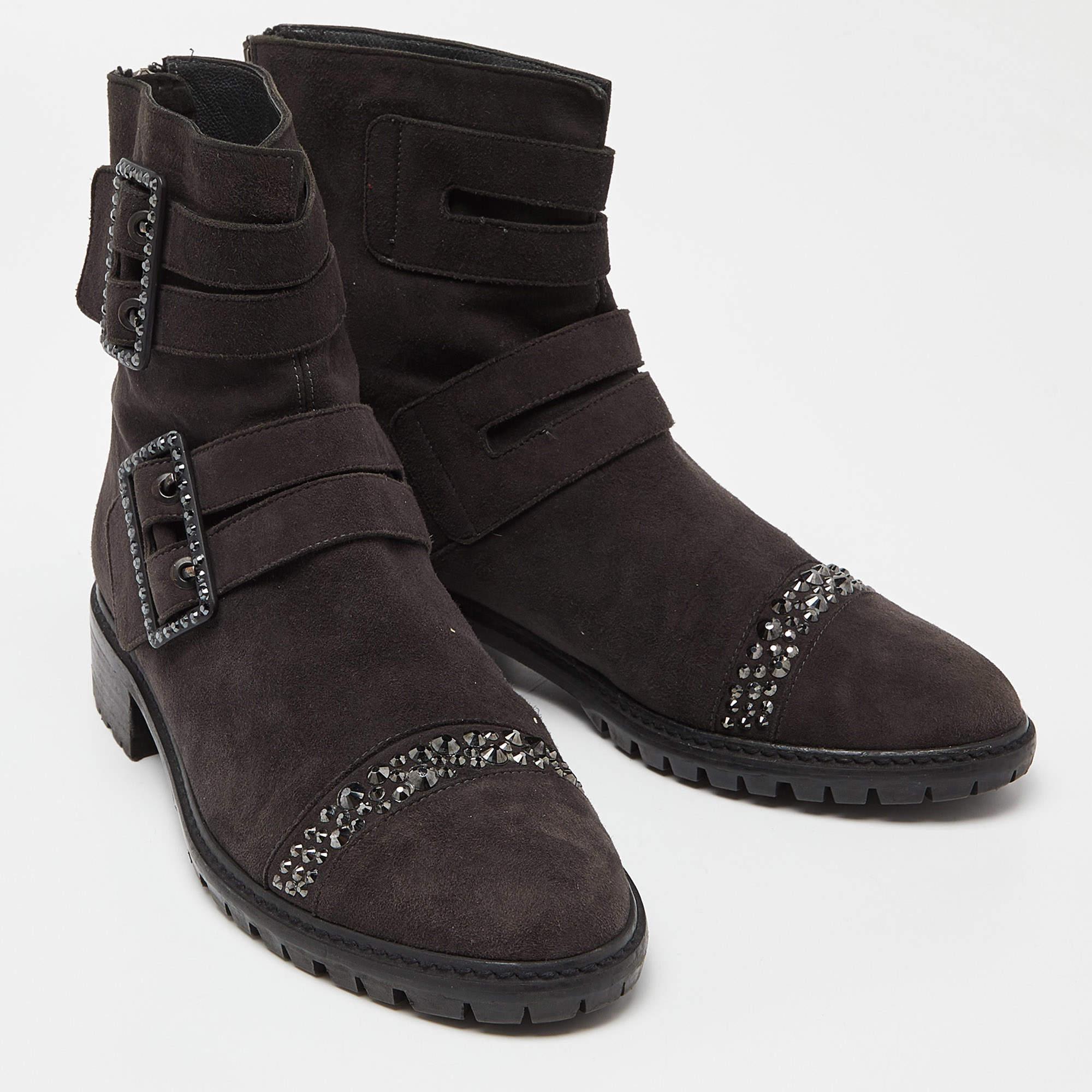 Stuart Weitzman Black Suede Crystal Embellished Ankle Length Boots Size 37.5 For Sale 1