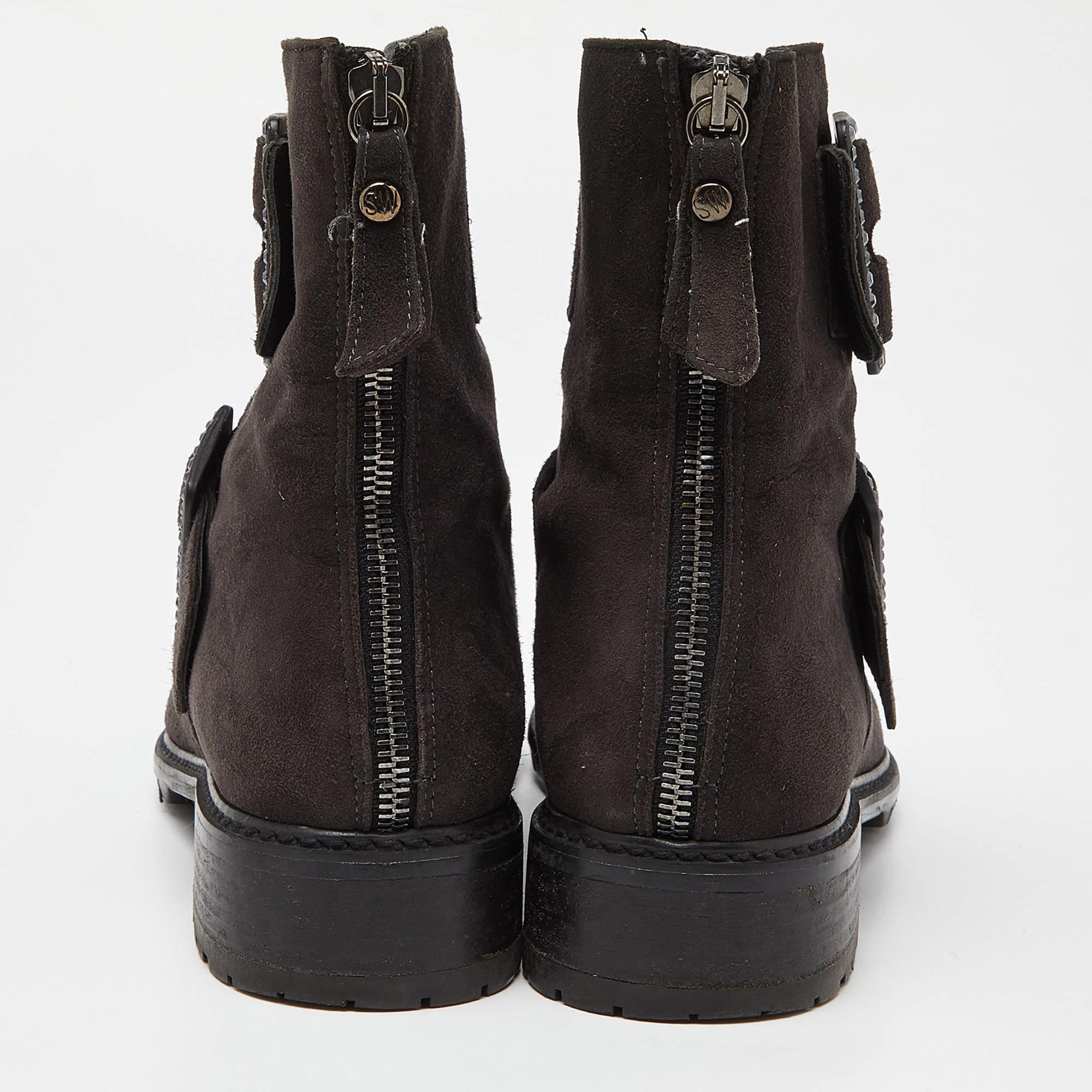 Stuart Weitzman Black Suede Crystal Embellished Ankle Length Boots Size 37.5 2