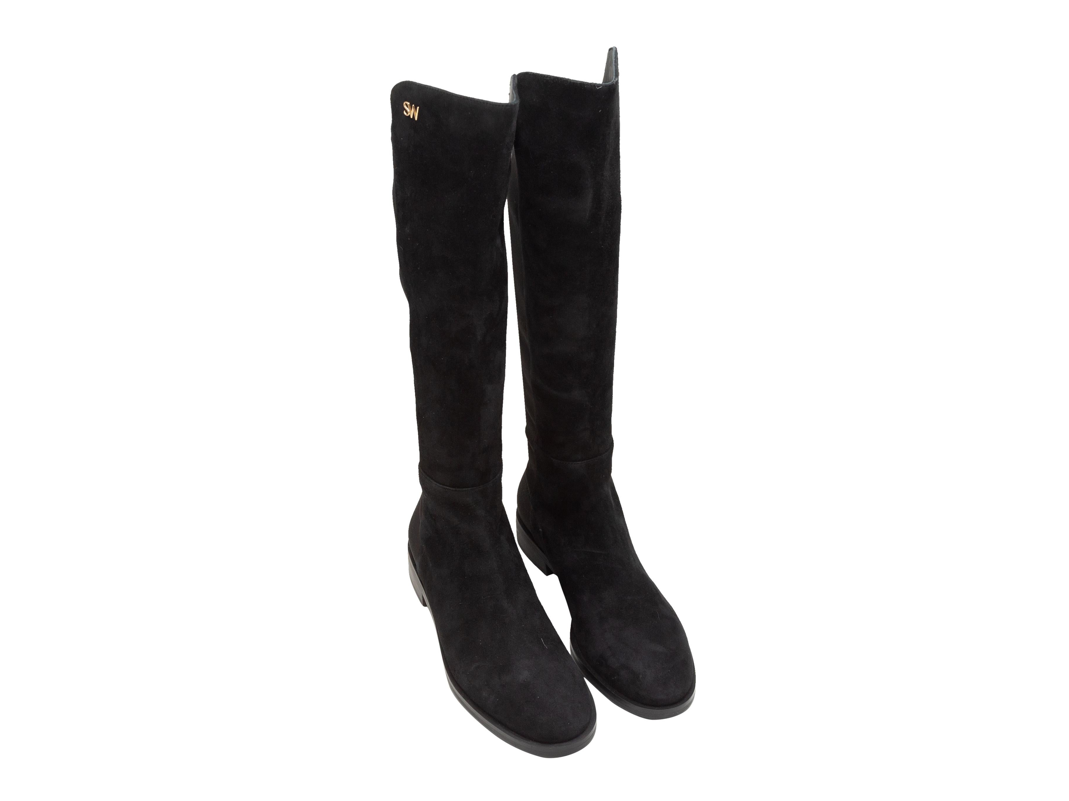 Product details: Black suede and elastic knee-high boots by Stuart Weitzman. Stacked heels. 1
