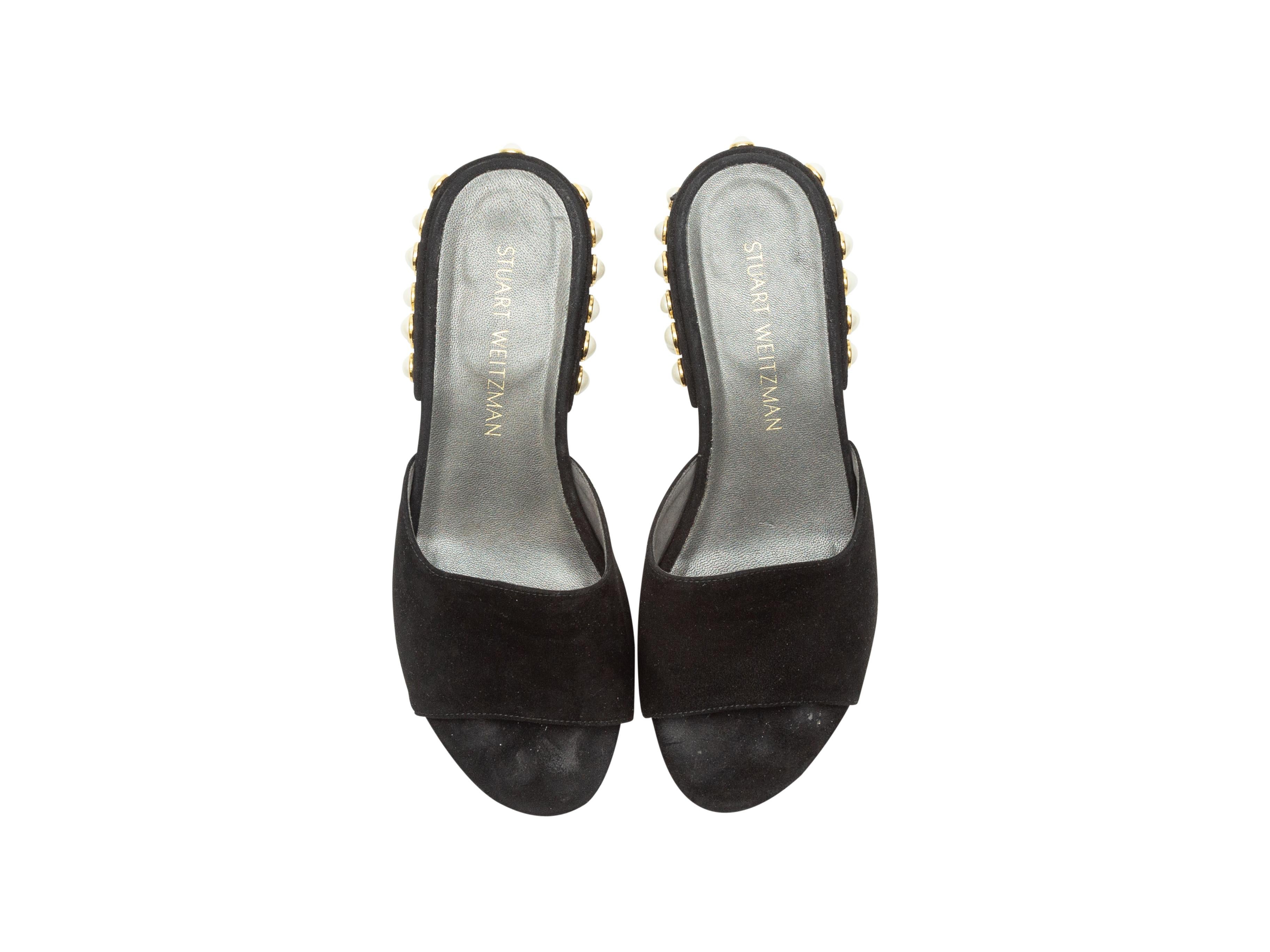 Stuart Weitzman Black Suede Faux Pearl-Embellished Slides In Good Condition In New York, NY