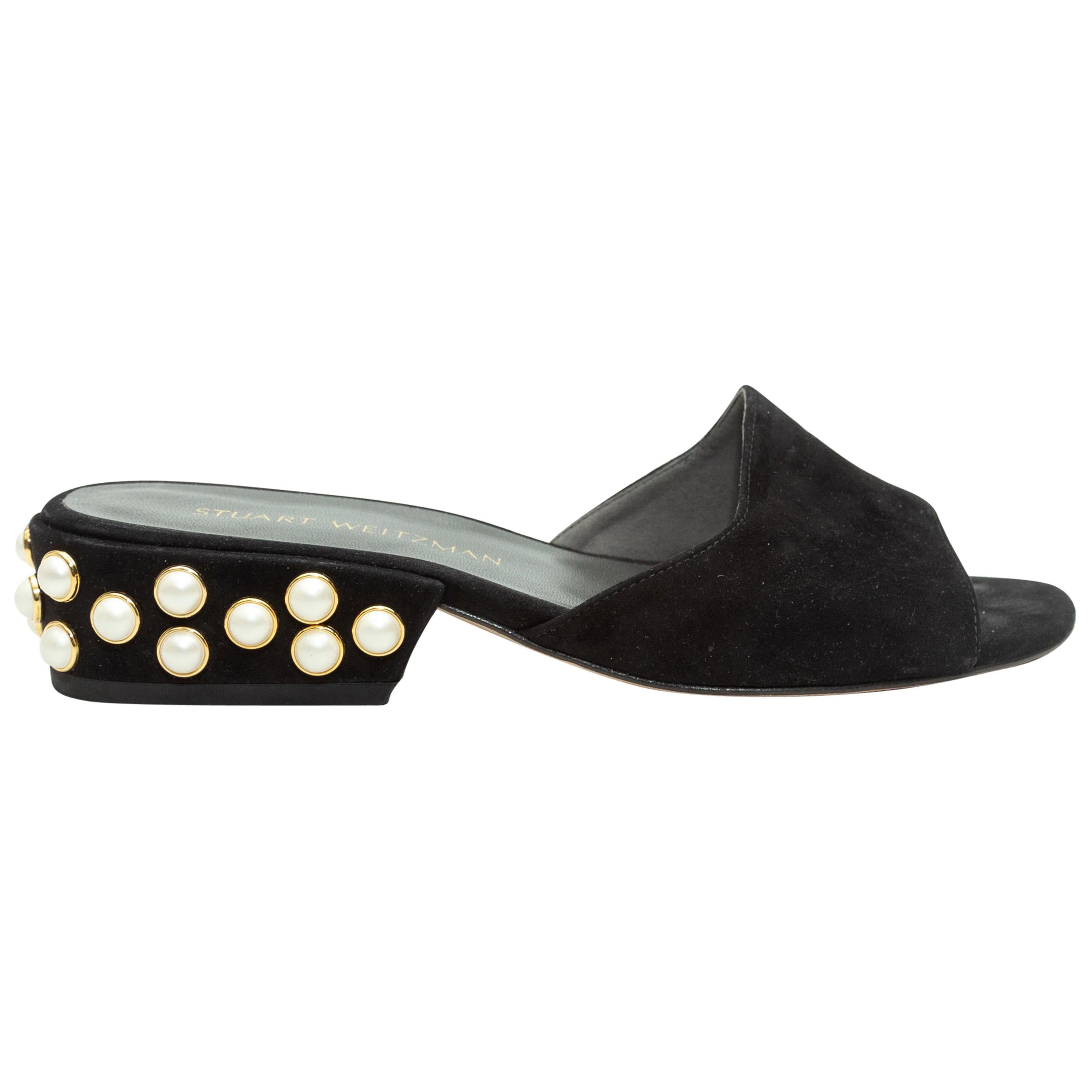 Stuart Weitzman Black Suede Faux Pearl-Embellished Slides