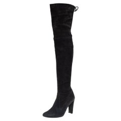 Used Stuart Weitzman Black Suede Highland Thigh High Boots Size 37.5